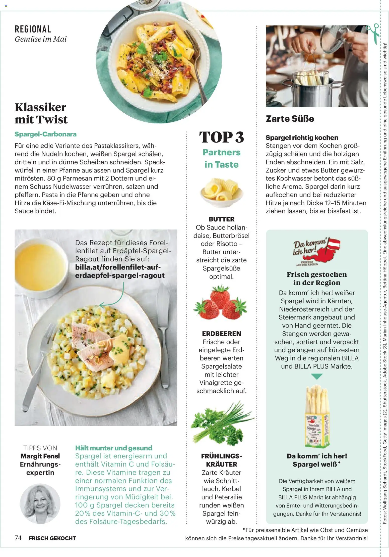 Billa Frisch Gekocht gültig ab 01.05.2026 | Seite: 74 | Produkte: Erdbeeren, Zucker, Petersilie, Butter
