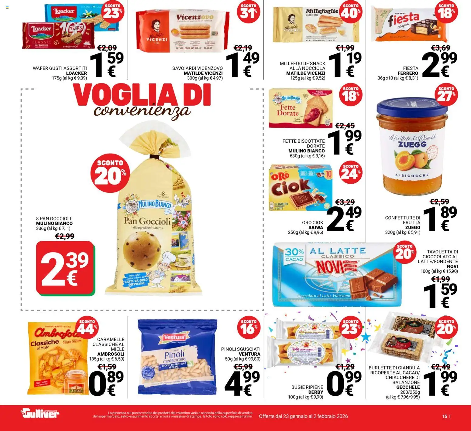 Volantino Gulliver del 23.01.2026 | Pagina: 15 | Prodotti: Frutta, Latte, Fette biscottate, Savoiardi