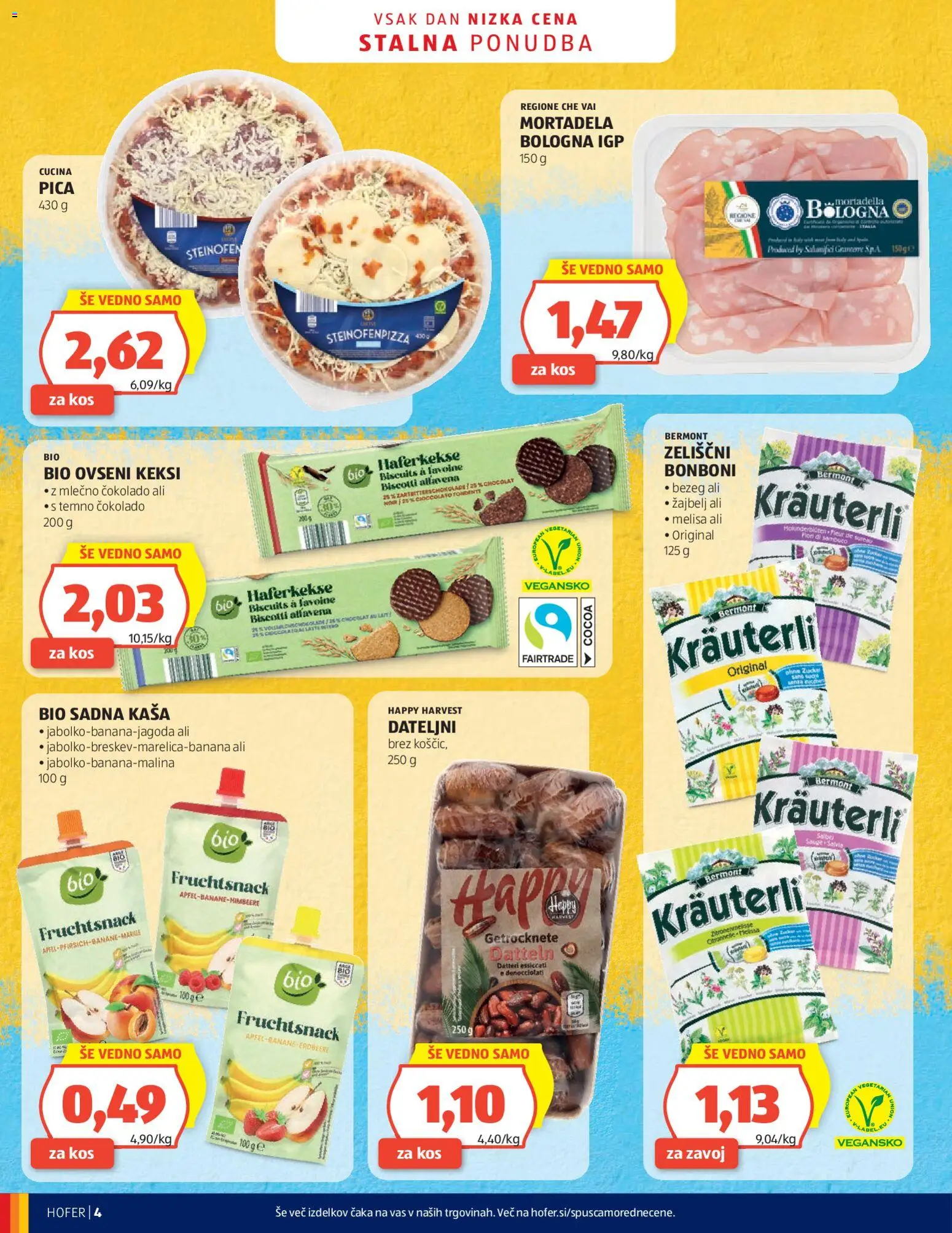 Novi Hofer katalog ponudbe – veljaven od 08.04.2026 | Stran: 4 | Izdelki: Keksi, Mortadela, Bonboni, Pica