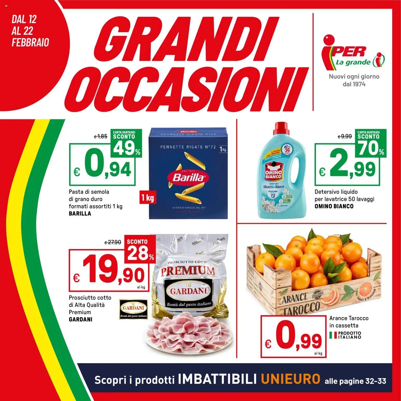 Volantino Iper del 12.02.2026 | Pagina: 1 | Prodotti: Arance, Prosciutto, Lavatrice, Pennette