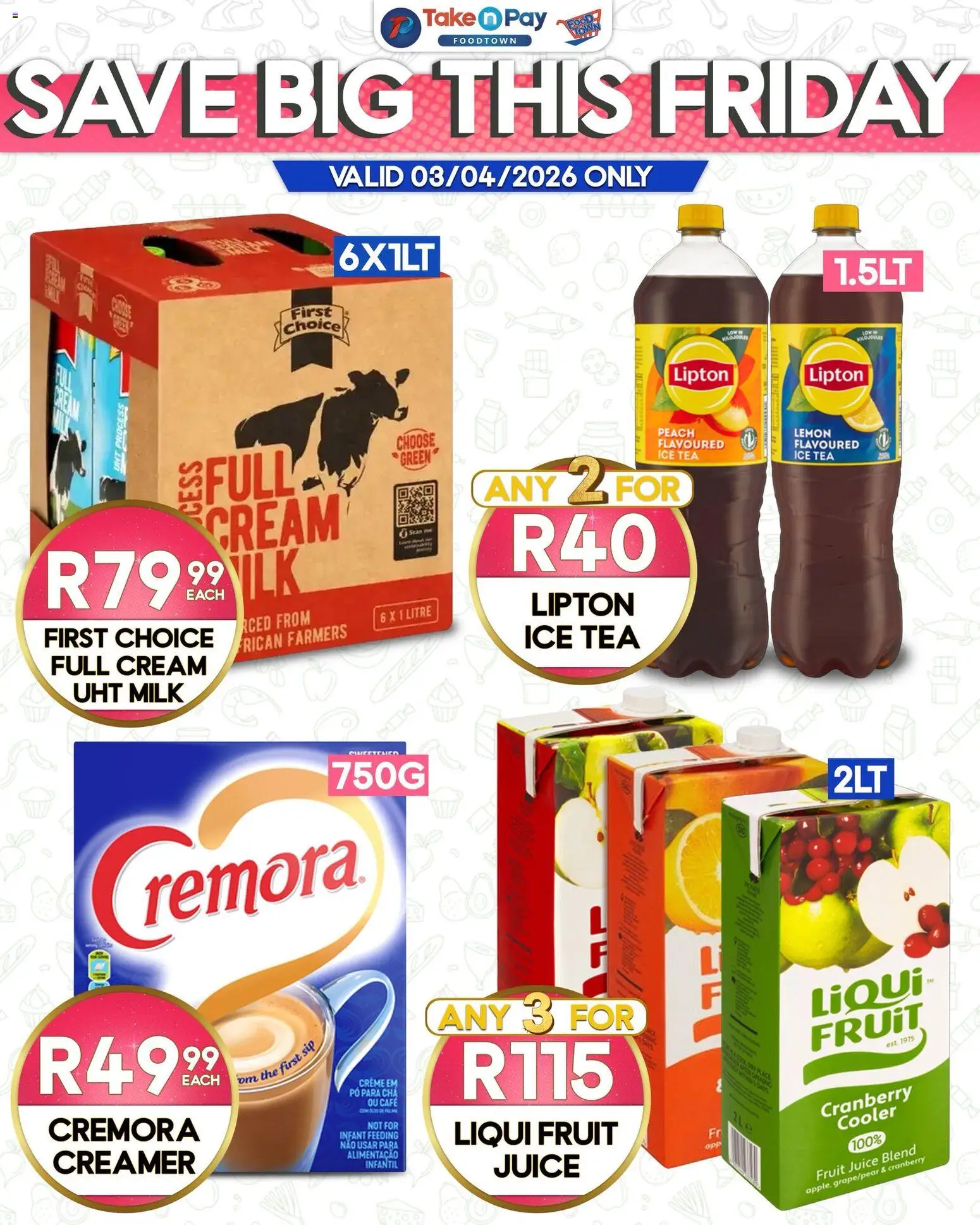 New Take n Pay catalogue – valid from 03.04.2026 | Page: 2 | Products: Cooler, Milk, Tea, Peach