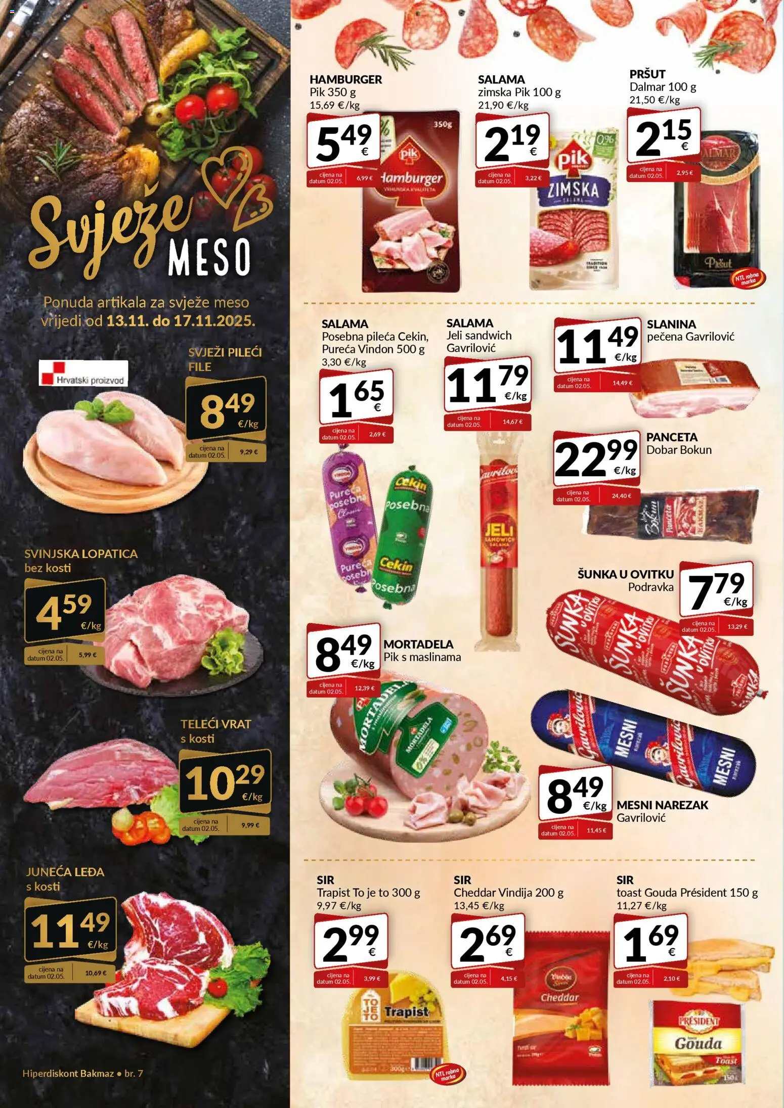 Bakmaz katalog | vrijedi od 13.11.2025 | Stranica: 2 | Proizvodi: Salama, Slanina, Hamburger, Gouda