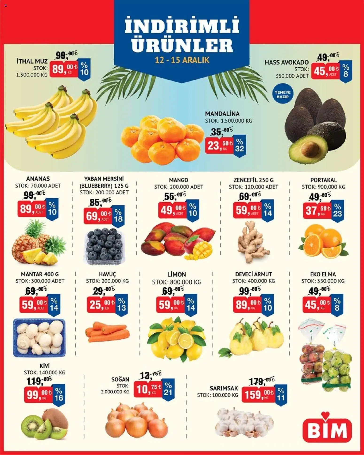 BİM - Meyve-Sebze, İndirim - 12.12.2025 tarihinden itibaren geçerlidir | Sayfa: 1 | Ürünler: Elma, Portakal, Mango, Yaban mersini