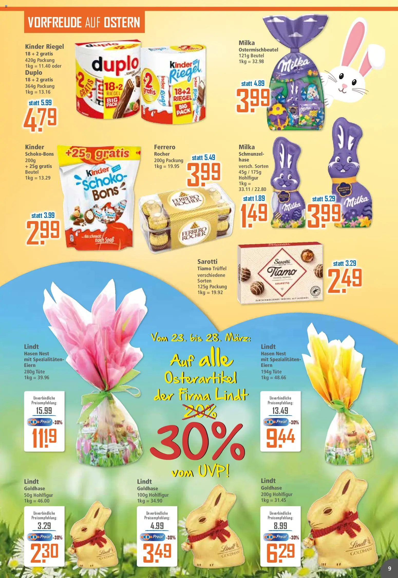 Klaas & Kock Prospekt 	 – gültig ab 23.03.2026 | Seite: 9 | Produkte: Milka, Kinder riegel, Duplo riegel, Lindt