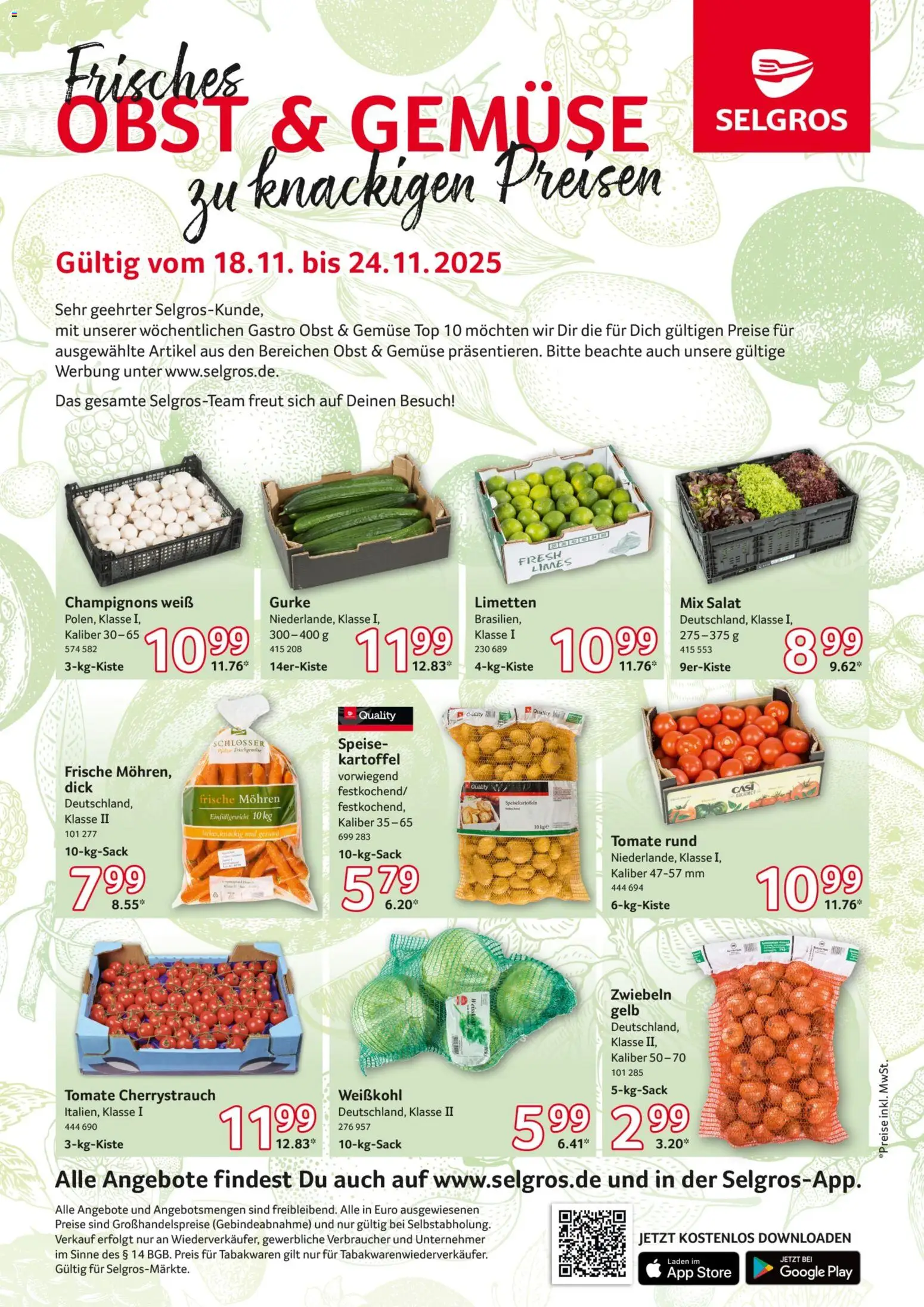 Selgros Obst & Gemüse – gültig ab 18.11.2025 | Seite: 1 | Produkte: Top, Champignons, Zwiebeln, Salat