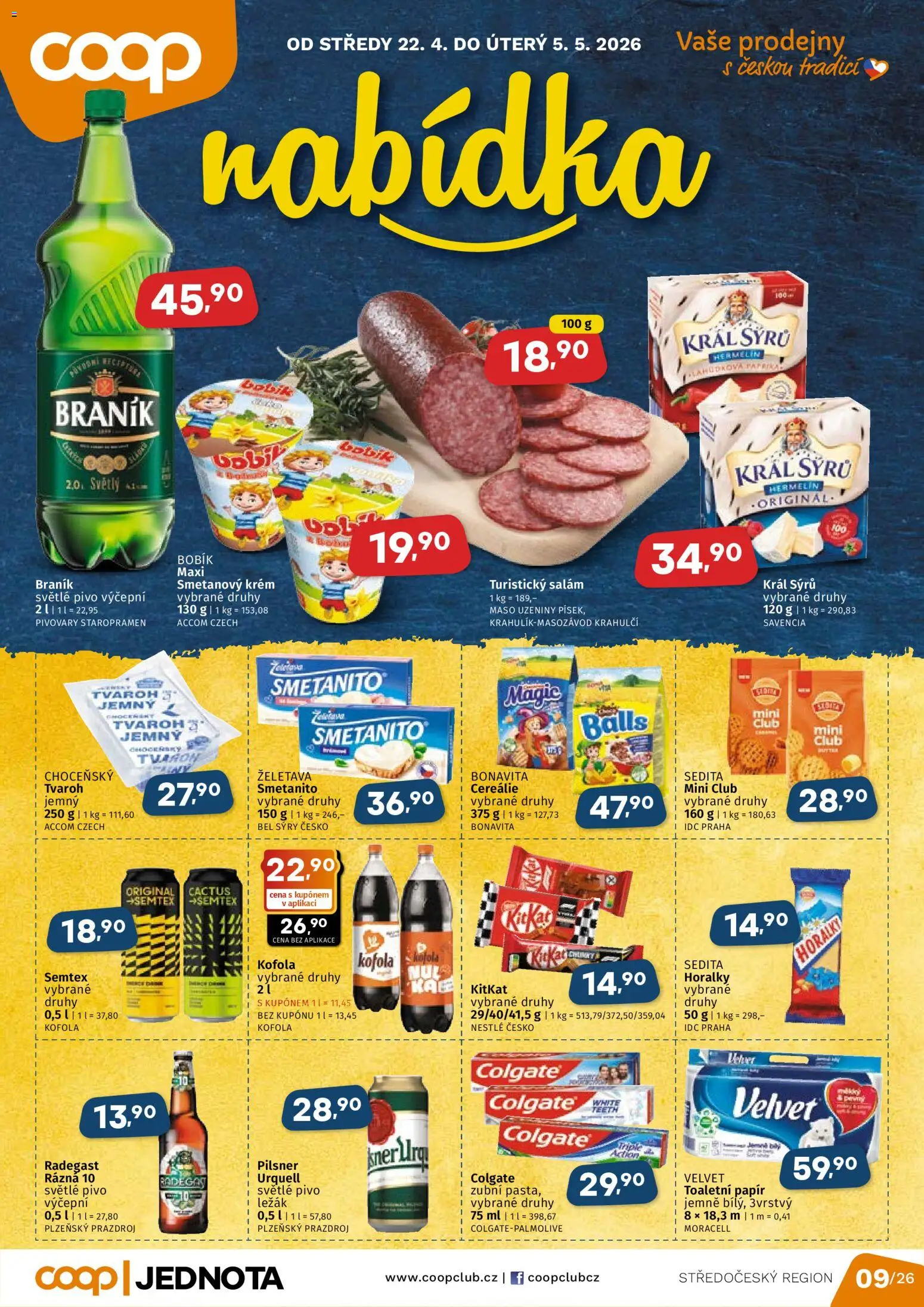 Coop leták - Středočeský region od 22.04.2026 | Strana: 1 | Produkty: Cereálie, Krém, Braník, Velvet