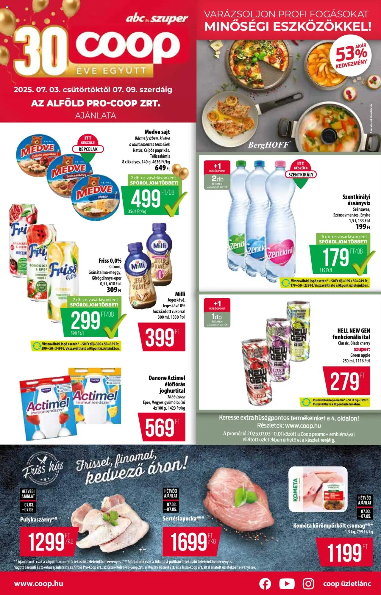 COOP akciós ujság - amely érvényes a következő dátumtól: 03.07.2025 | Oldal: 1 | Termékek: Sertéslapocka, Actimel, Jegeskávé, Ásványvíz