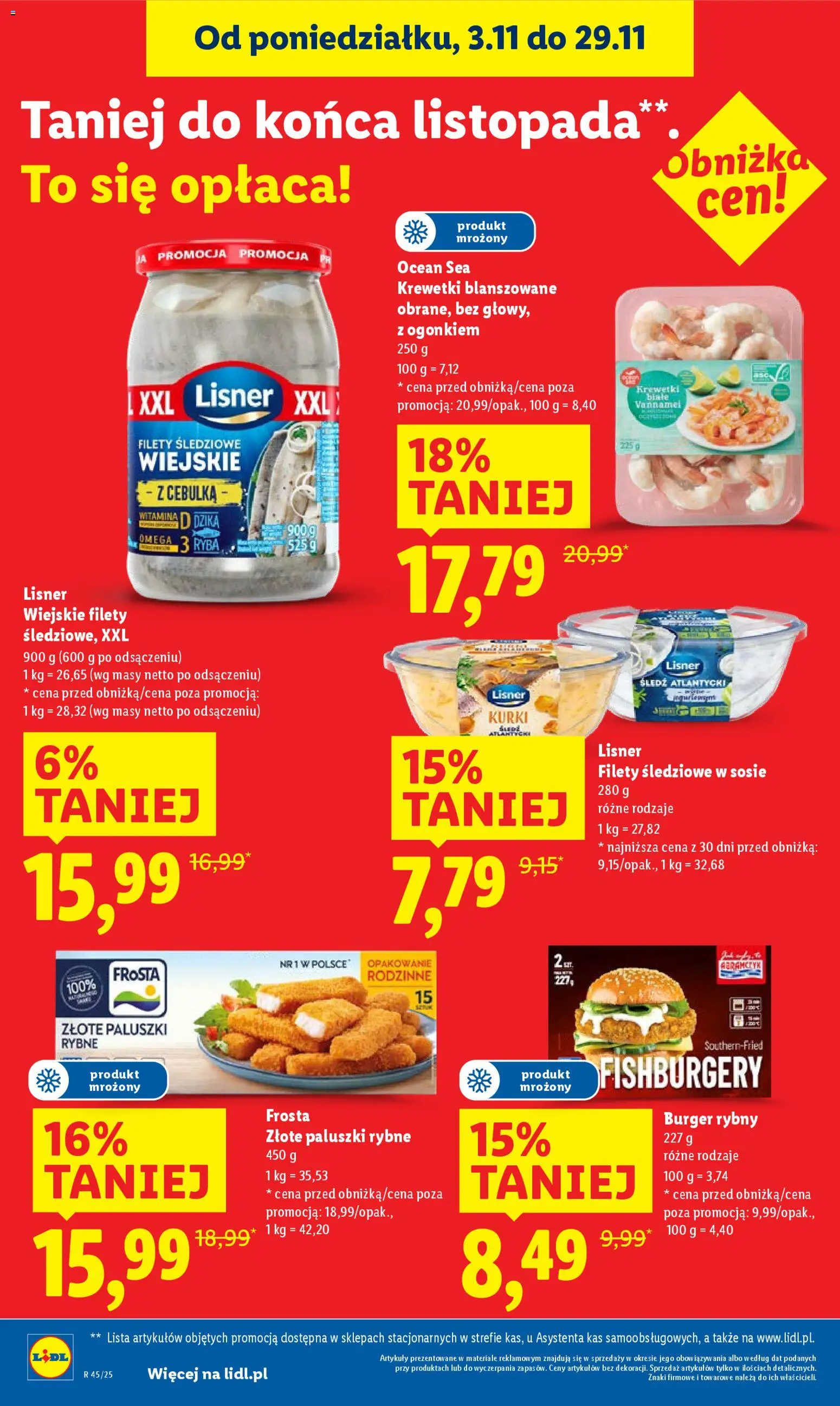 Lidl Gazetka od 06.11.2025 | Strona: 34 | Produkty: Śledź, Krewetki, Paluszki rybne frosta, Paluszki