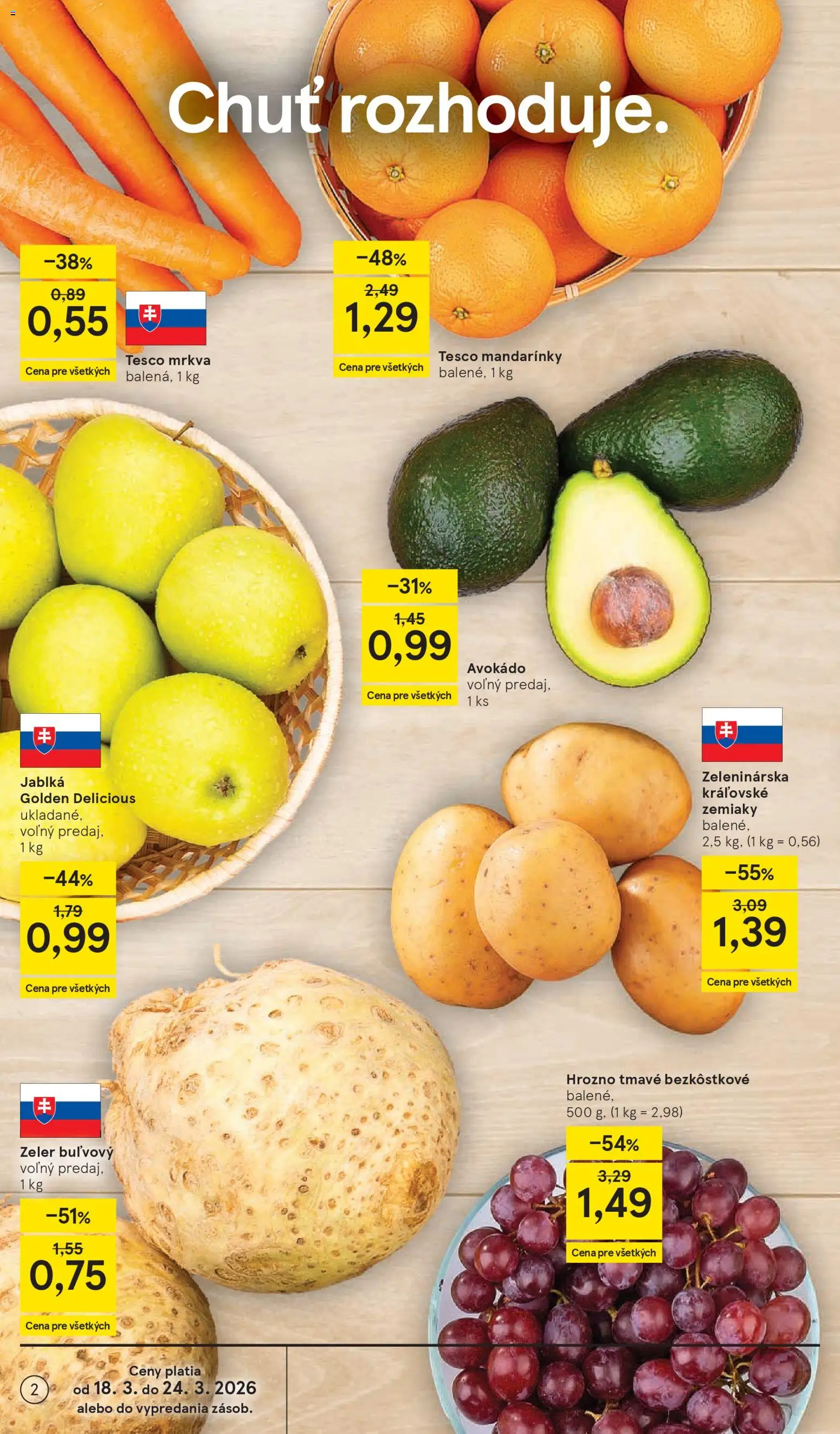 Nové Tesco akcie – leták je platný od 18.03.2026 | Strana: 2 | Produkty: Mandarinky, Avokádo, Zemiaky, Zeler