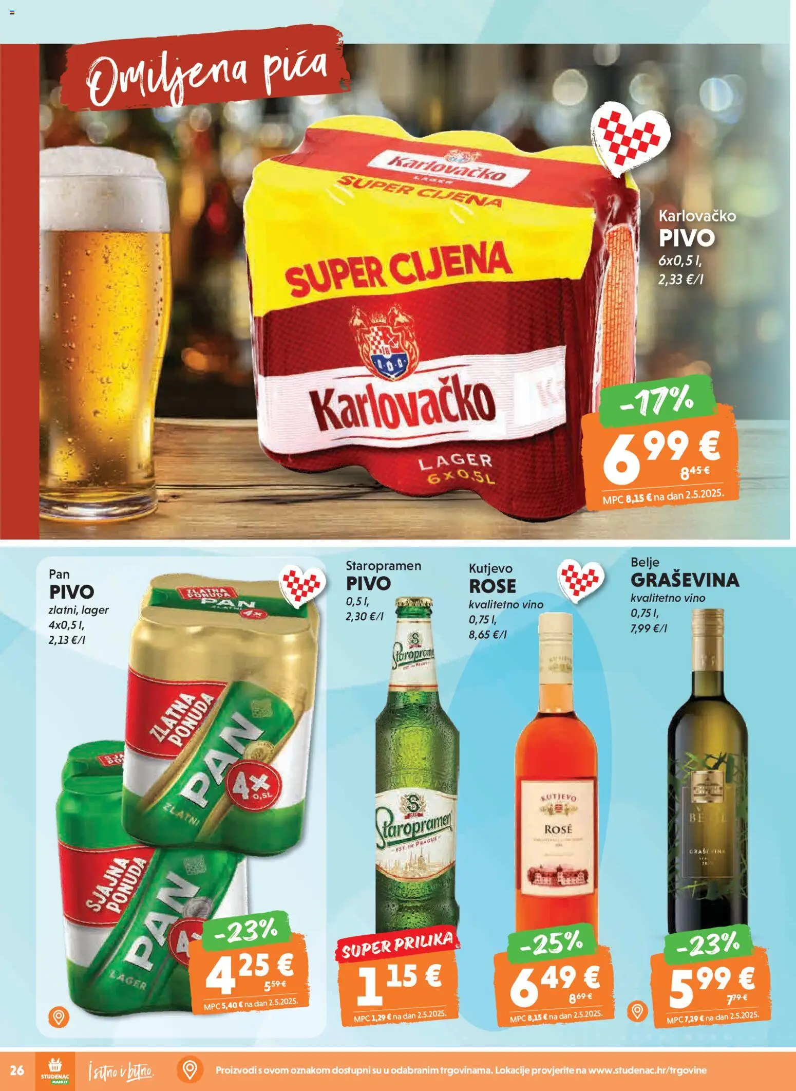 Studenac katalog | vrijedi od 11.02.2026 | Stranica: 26 | Proizvodi: Staropramen, Karlovačko, Vino, Pivo