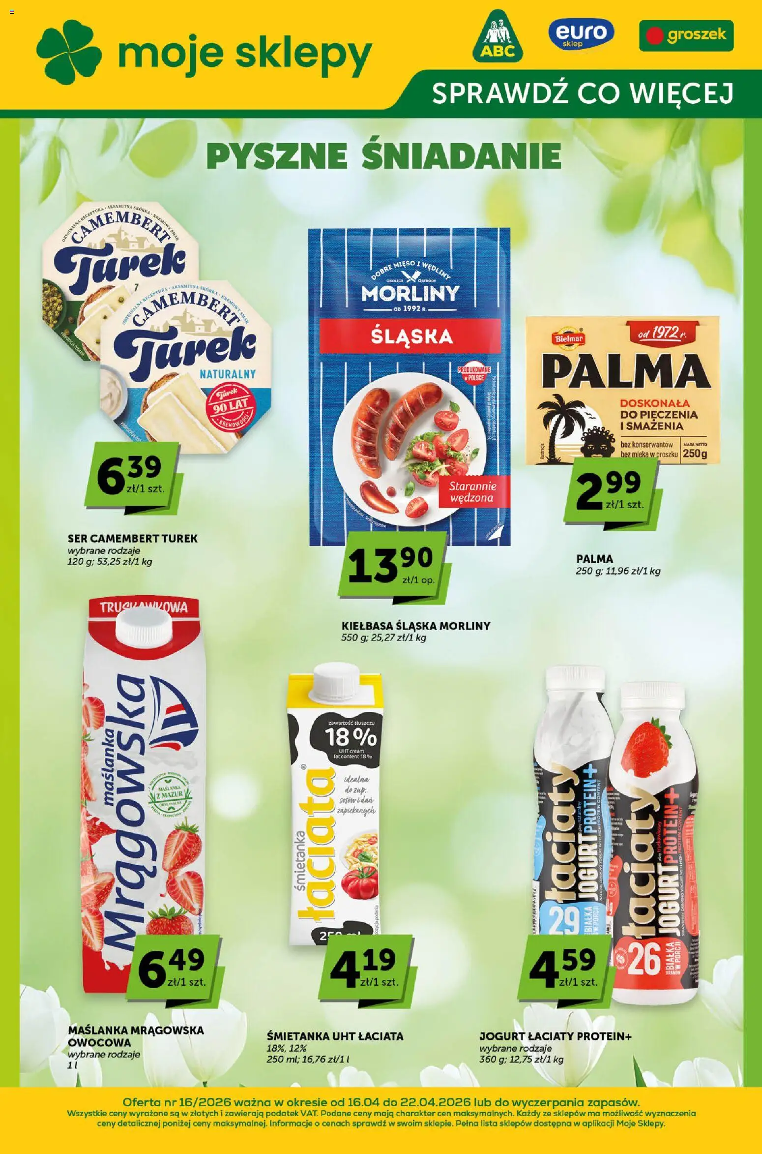 Groszek gazetka - Sprawdź, co więcej od 16.04.2026 | Strona: 1 | Produkty: Kiełbasa, Groszek, Camembert, Wędliny