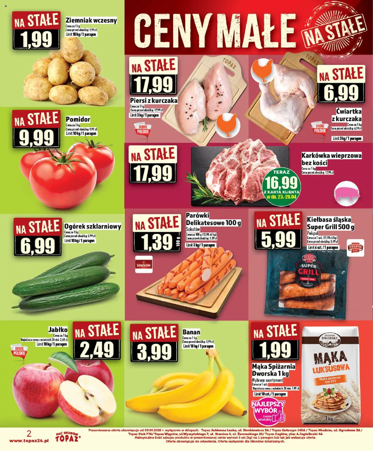 Topaz gazetka - Ceny małe na stałe od 23.04.2026 | Strona: 2 | Produkty: Kiełbasa, Karkówka, Grill, Parówki