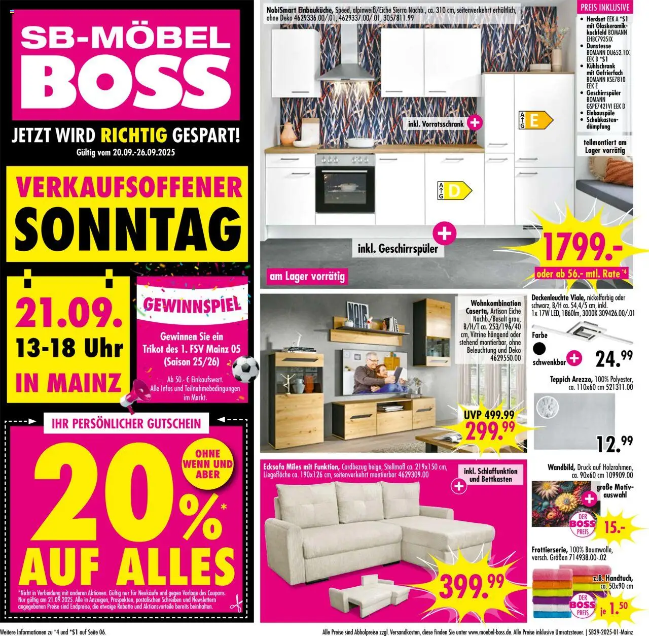 SB Möbel Boss Prospekt Mainz – gültig ab 20.09.2025 | Seite: 1 | Produkte: Vitrine, Teppich, Kühlschrank, Uhr