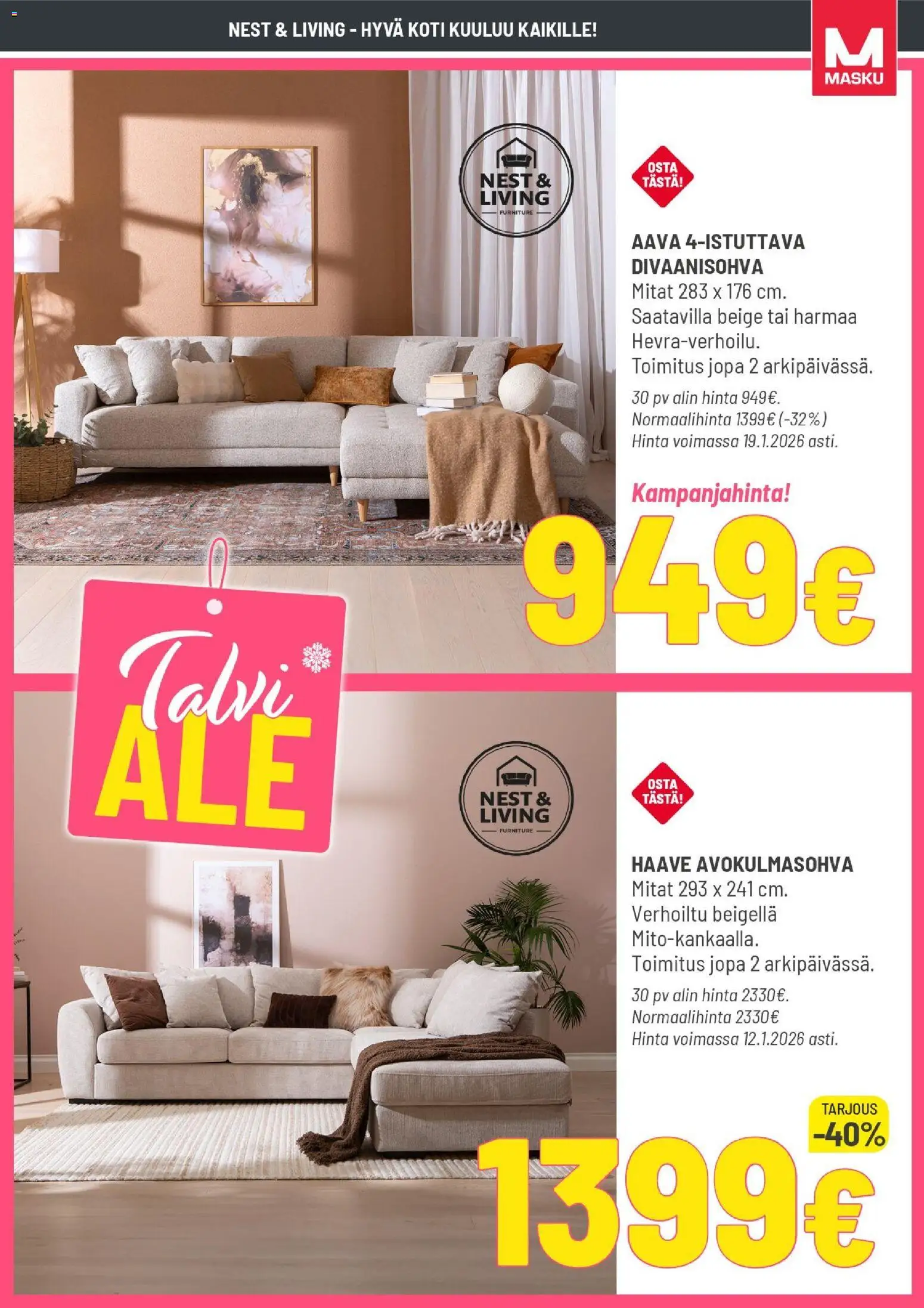 Masku tarjoukset – voimassa 05.01.2026 alkaen | Sivu: 3 | Tuotteet: Avokulmasohva, Divaanisohva