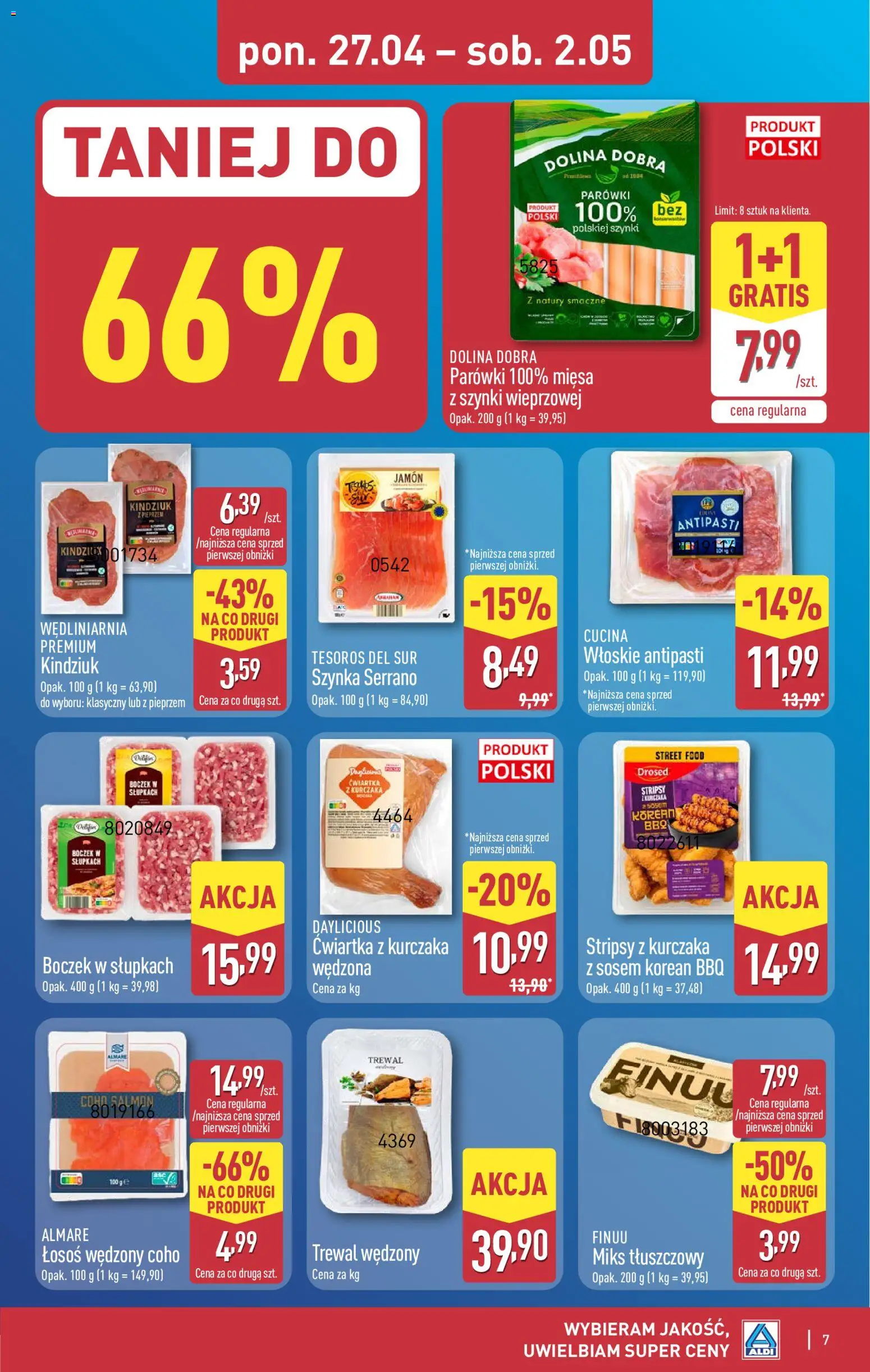 Aldi gazetka od 27.04.2026 | Strona: 7 | Produkty: Łosoś wędzony, Szynka, Łosoś, Ćwiartka z kurczaka