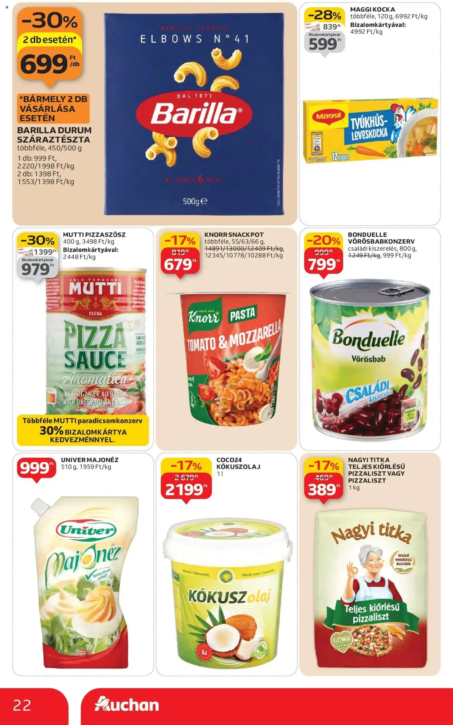 Auchan akciós ujság - amely érvényes a következő dátumtól: 22.01.2026 | Oldal: 22 | Termékek: Mozzarella, Leveskocka, Oregánó, Száraztészta