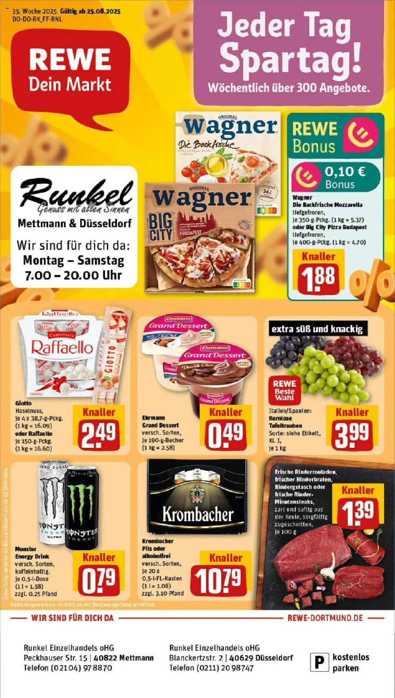 Rewe prospekt Mettmann	 - gültig ab dem 24.08.2025 | Seite: 1 | Produkte: Rinderrouladen, Raffaello, Pizza, Telefon