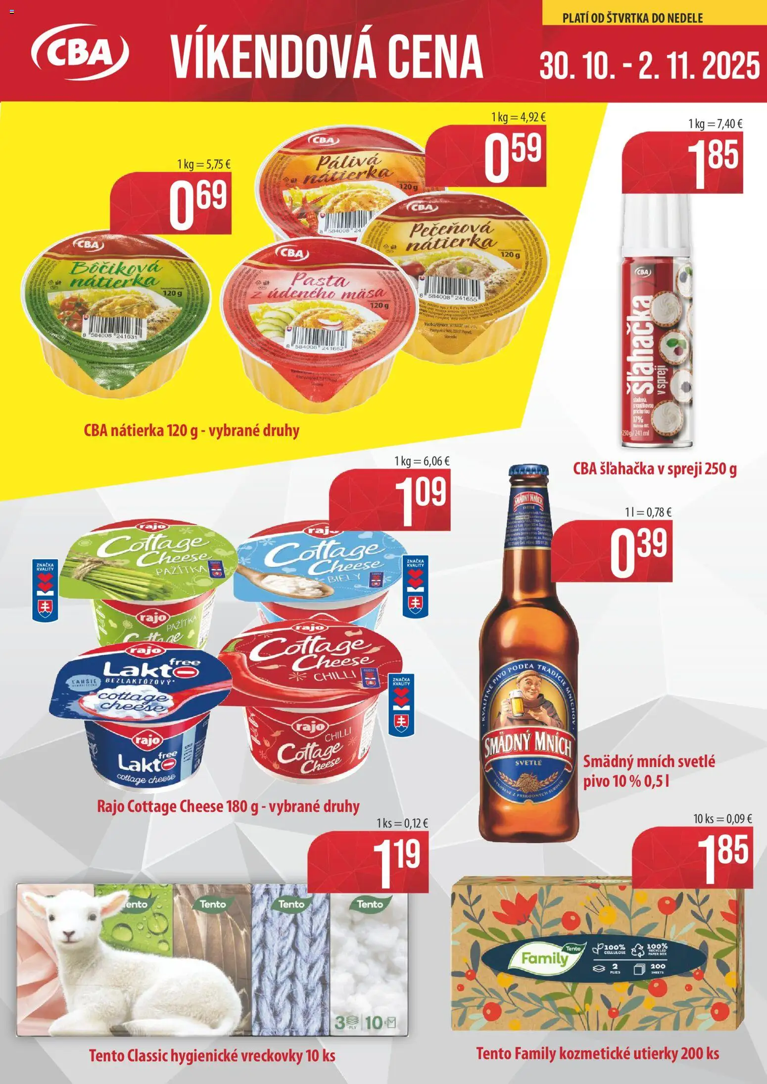 Nové CBA Komfos akcie – leták je platný od 30.10.2025 | Strana: 1 | Produkty: Pivo, Pažítka, Chilli, Smädný Mních