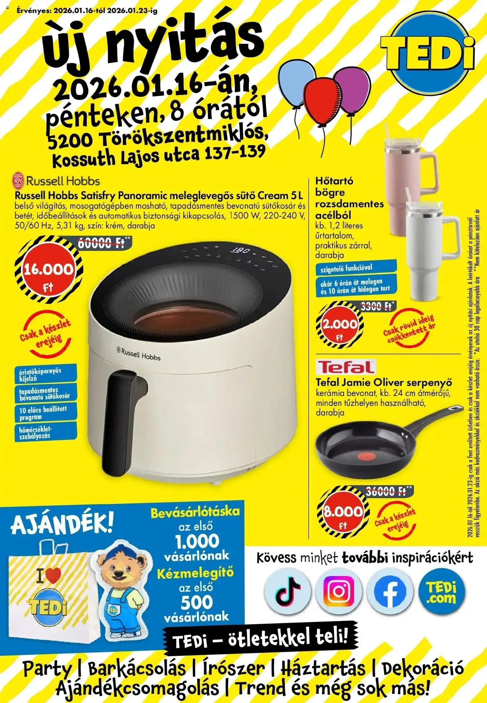 TEDi akciós ujság - amely érvényes a következő dátumtól: 16.01.2026 | Oldal: 1 | Termékek: Sütő, Tefal, Bögre, Serpenyő