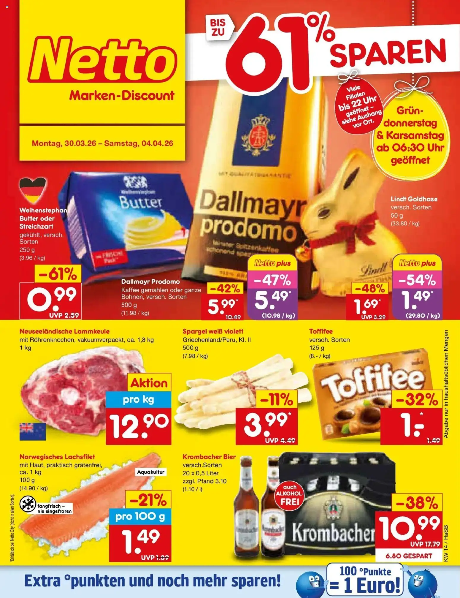 Netto Marken-Discount Prospekt Wuppertal	 – gültig ab 29.03.2026 | Seite: 1 | Produkte: Lammkeule, Butter, Bier, Uhr