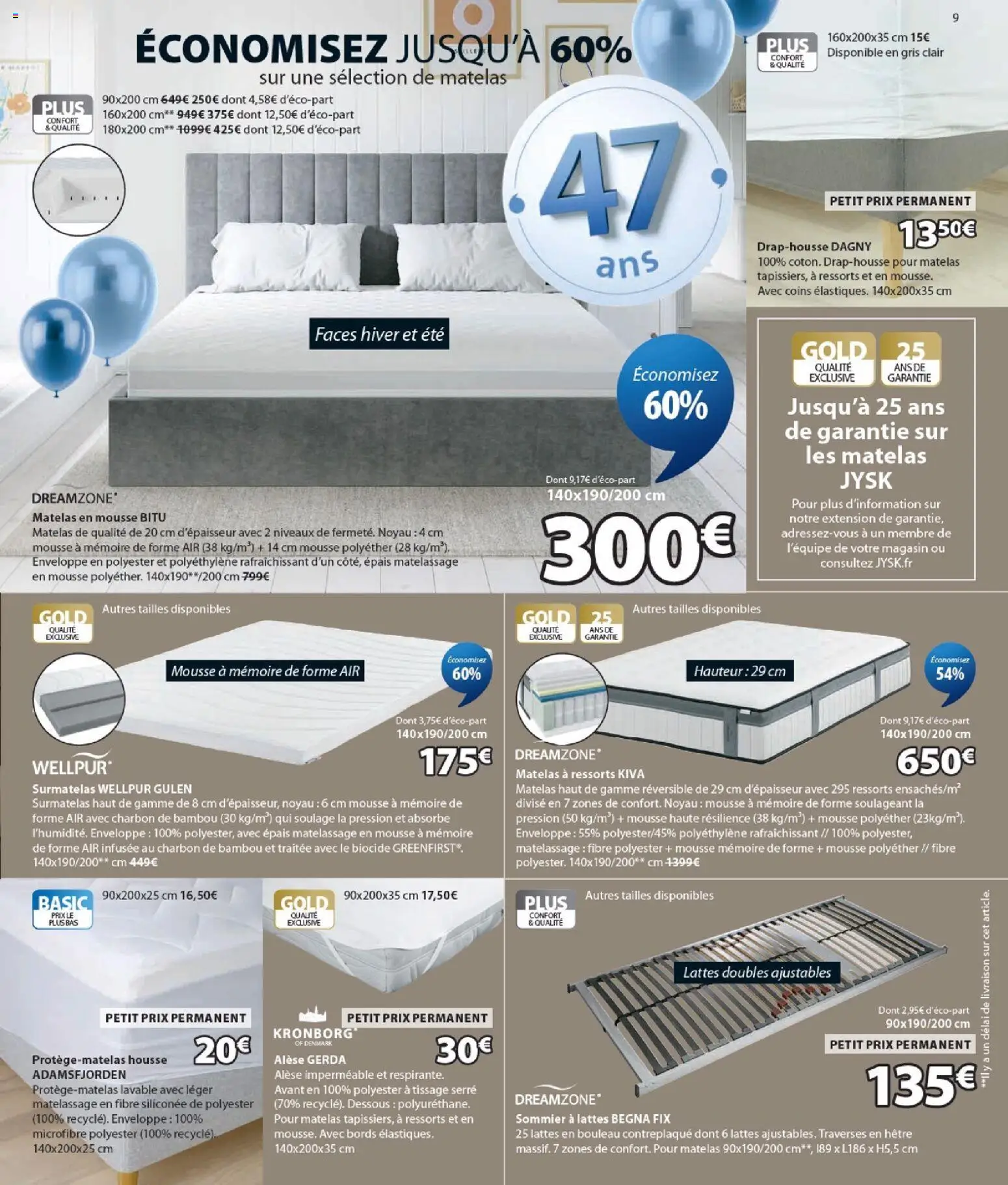 {H1} | Page: 9 | Produits: Surmatelas, Mousse, Matelas, Sommier
