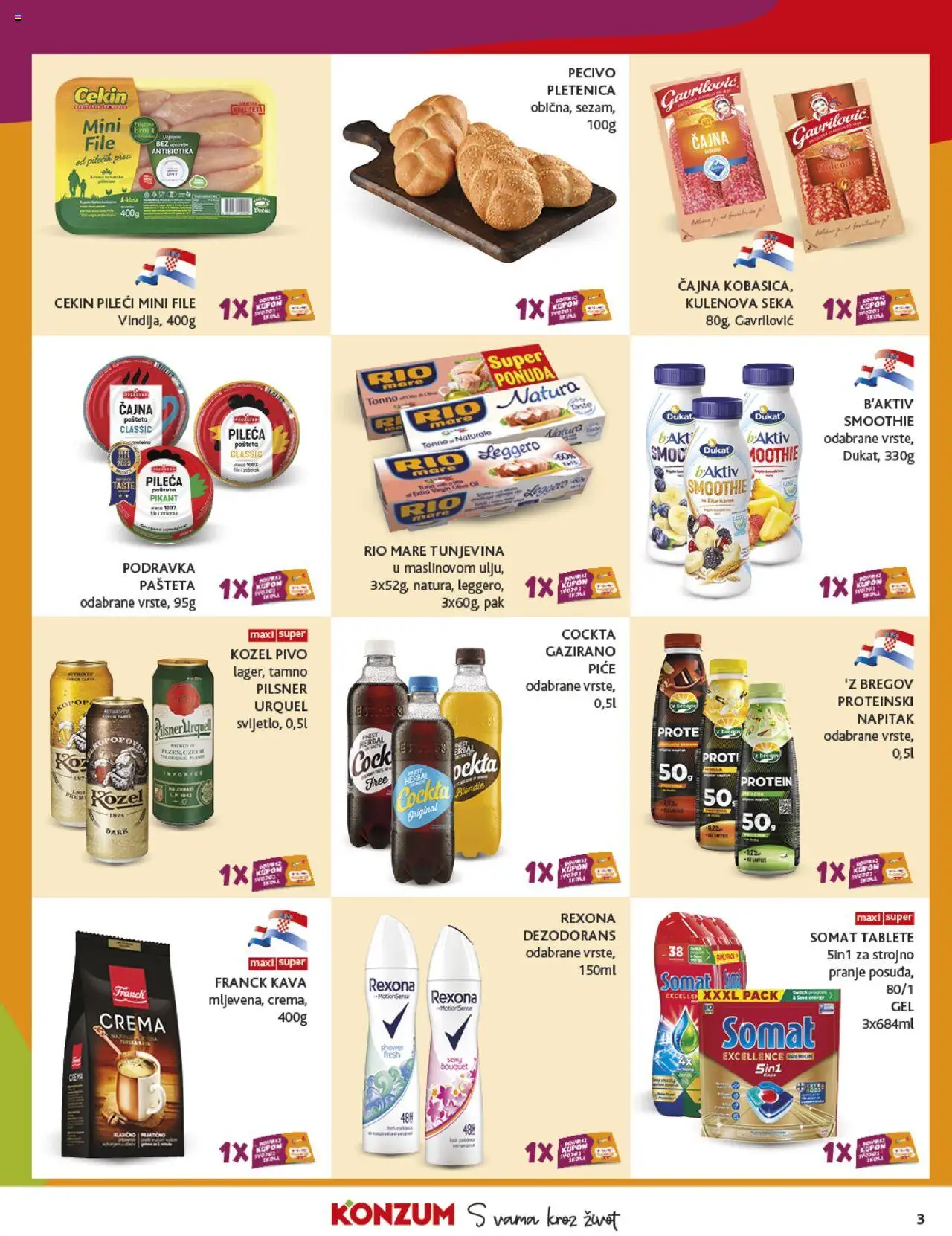 Konzum HR akciós ujság - amely érvényes a következő dátumtól: 24.09.2025 | Oldal: 3 | Termékek: Somat, Pilsner urquell, Protein, Smoothie