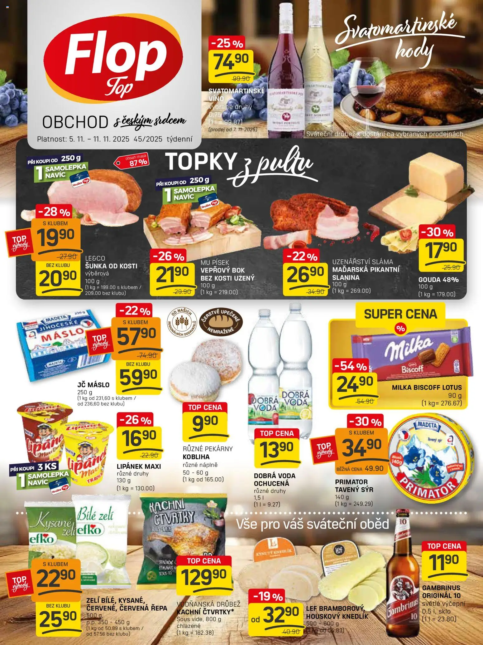 Flop leták - FlopTop od 05.11.2025 | Strana: 1 | Produkty: Lipánek, Šunka, Víno, Lotus