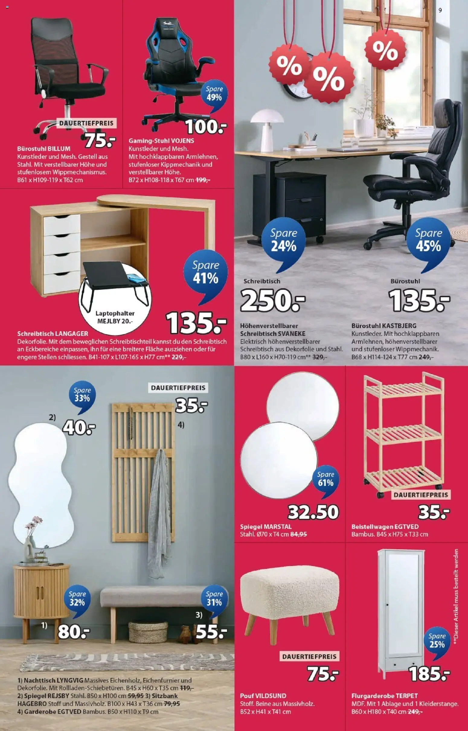 JYSK Aktionen – gültig ab 09.12.2025 | Seite: 9 | Produkte: Sitzbank, Spiegel, Pouf, Gamingstuhl