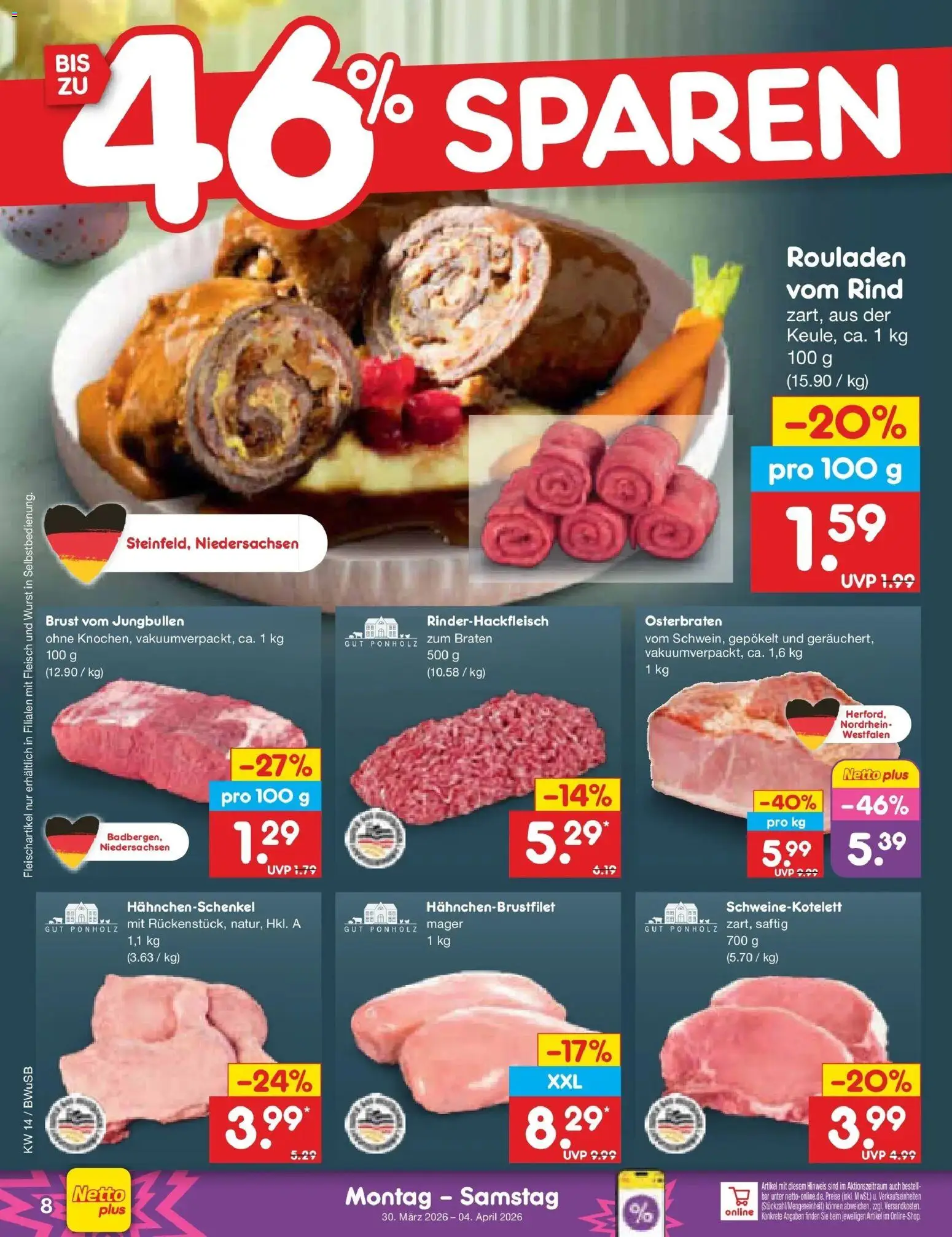 Netto Marken-Discount Prospekt Stemwede-Dielingen	 – gültig ab 29.03.2026 | Seite: 8 | Produkte: Hahnchenschenkel, Wurst, Fleisch
