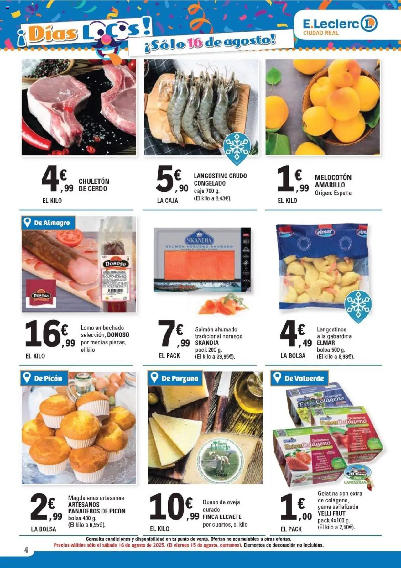 E.Leclerc folleto │ válido desde el 11.08.2025 | Página: 4 | Productos: Gelatina, Medias, Salmón ahumado, Langostino