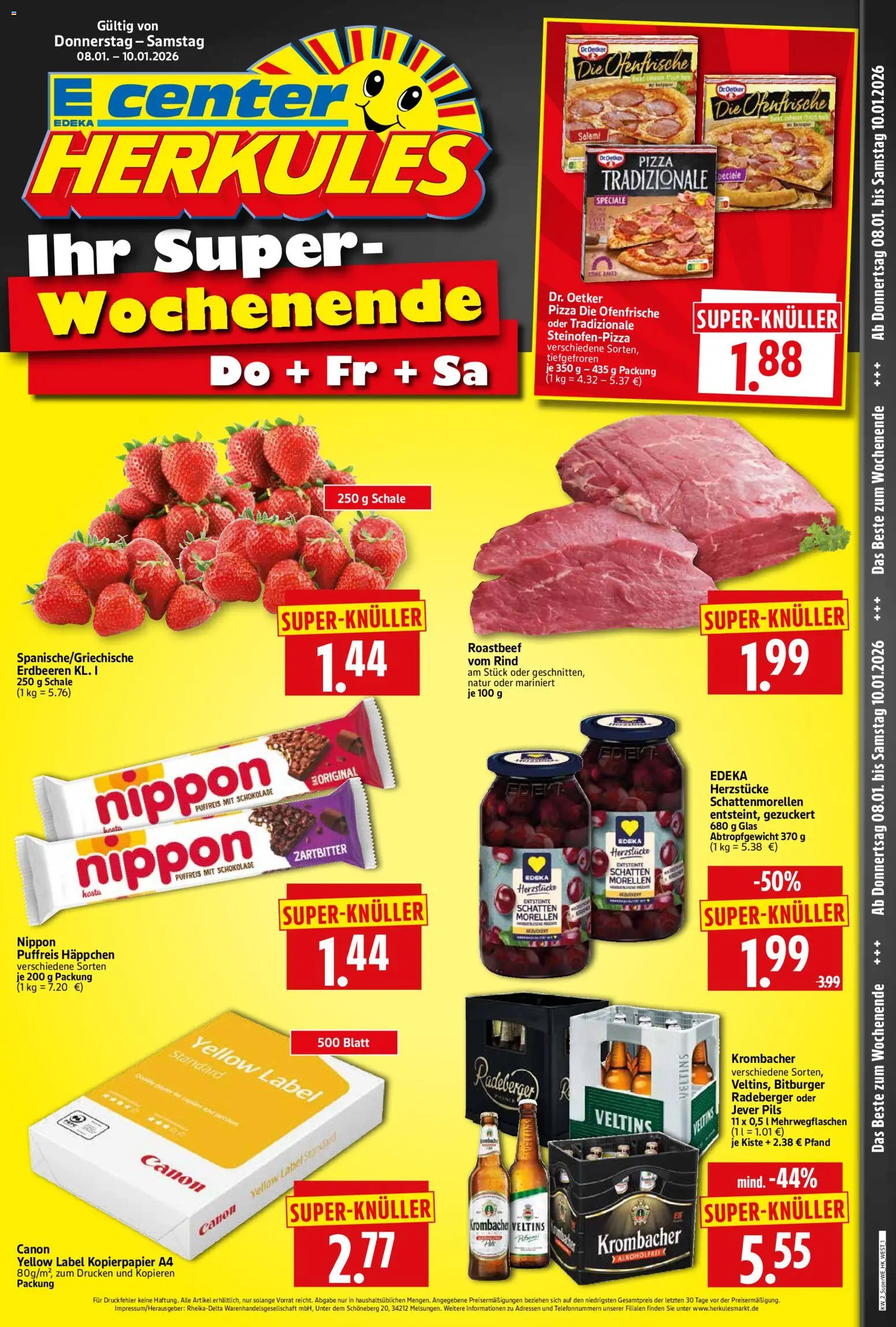 HERKULES Sonderbeilage – gültig ab 08.01.2026 | Seite: 1 | Produkte: Bitburger, Schokolade, Roastbeef, Pizza