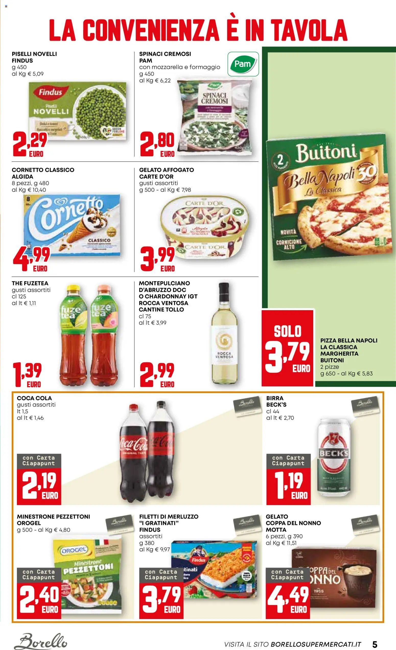 Volantino Borello Supermercati del 06.11.2025 | Pagina: 5 | Prodotti: Minestrone, Pizza, Cornetto, Mozzarella