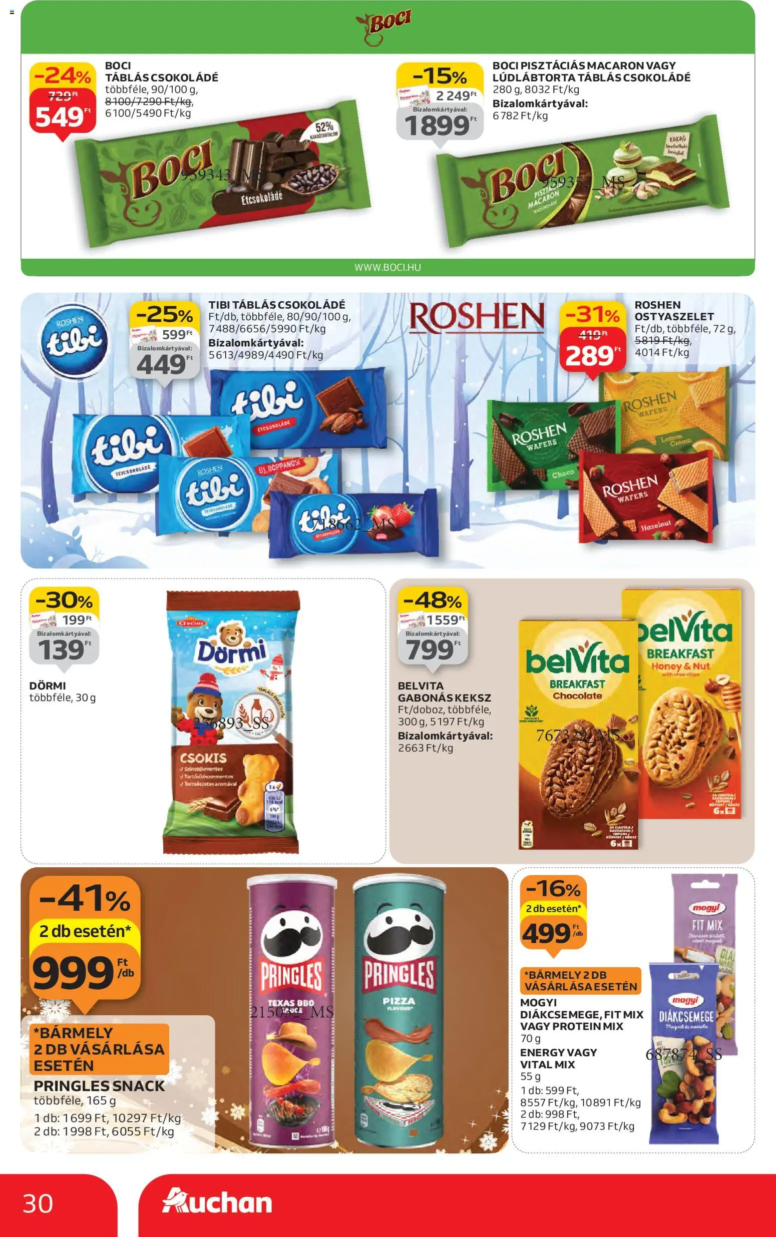 Auchan akciós ujság - amely érvényes a következő dátumtól: 27.11.2025 | Oldal: 30 | Termékek: Diákcsemege, Étcsokoládé, Csokoládé, Keksz