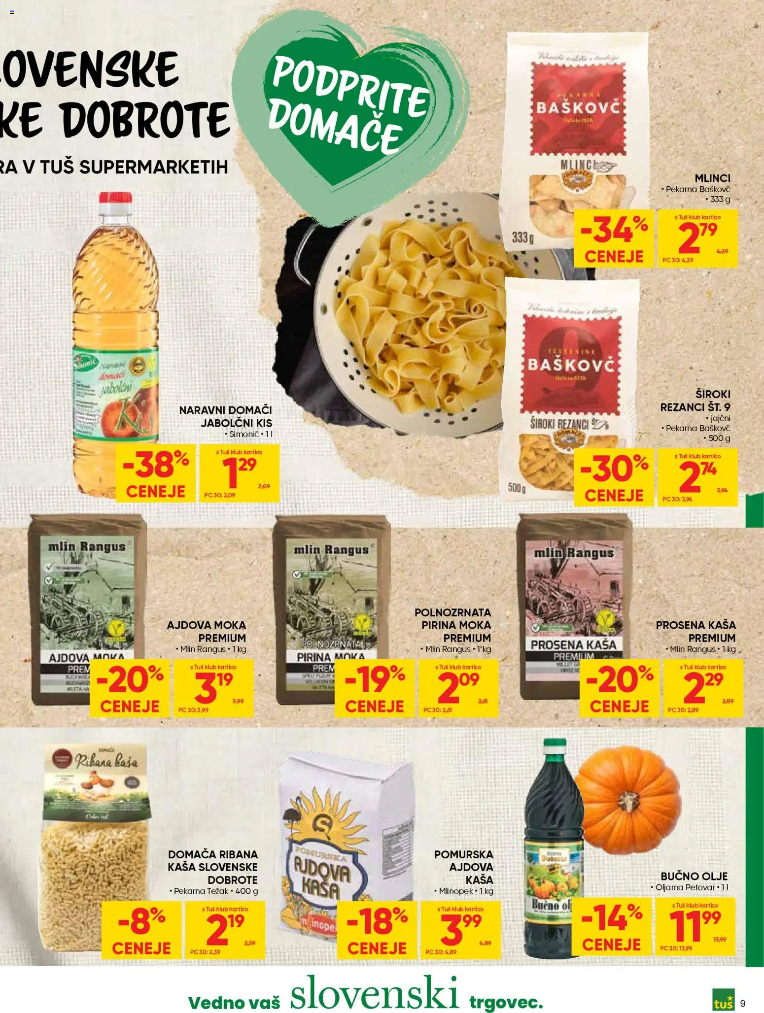Novi Tuš katalog ponudbe – veljaven od 19.11.2025 | Stran: 9 | Izdelki: Rezanci, Bučno olje, Kis, Olje