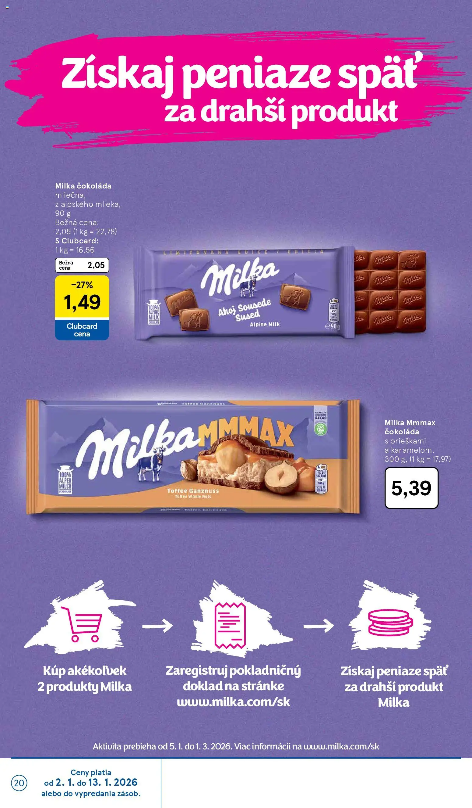 Nové Tesco akcie – leták je platný od 02.01.2026 | Strana: 20 | Produkty: Čokoláda, Milka, Kakao