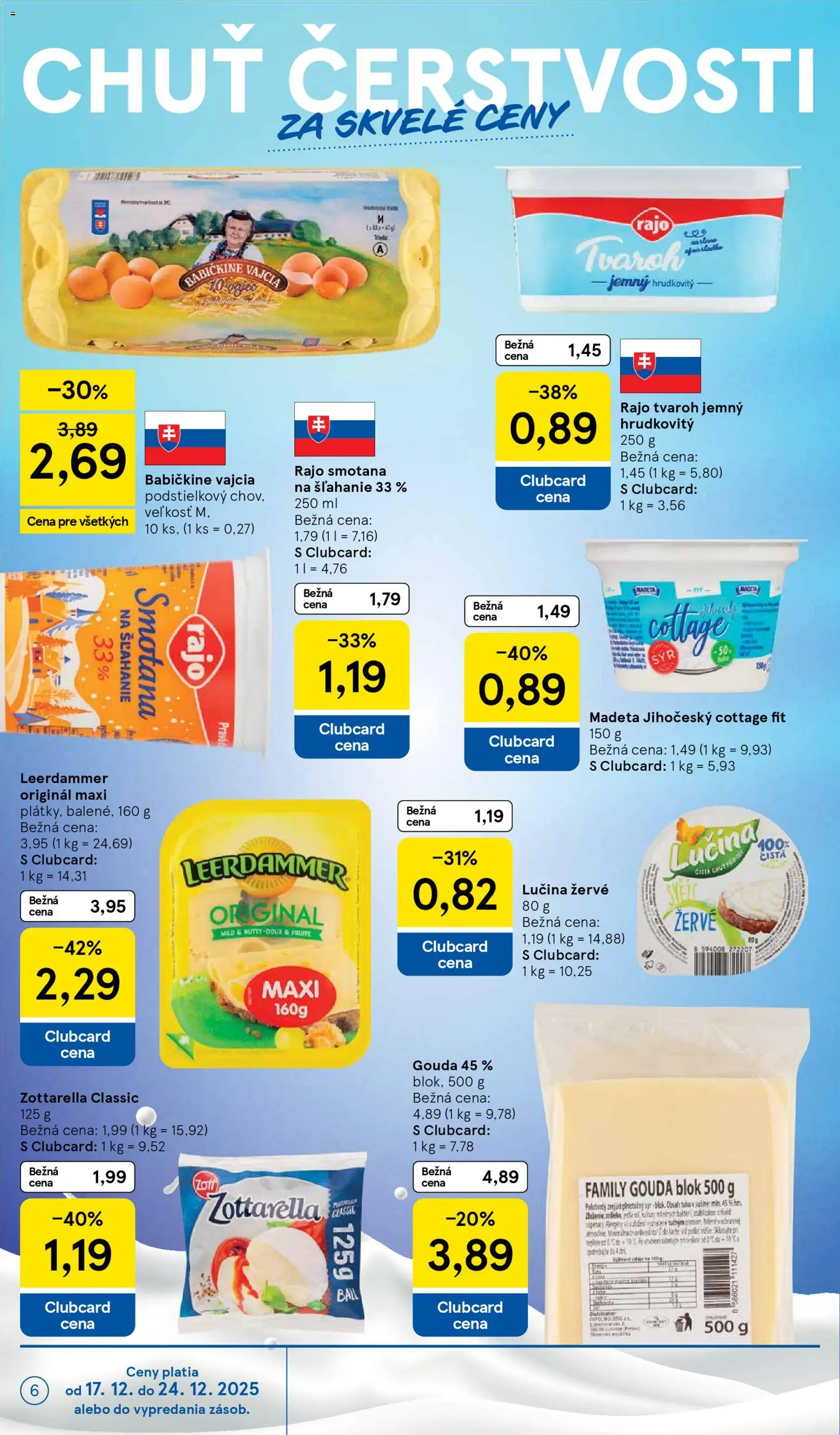Nové Tesco akcie – leták je platný od 17.12.2025 | Strana: 6 | Produkty: Vajcia, Smotana, Gouda, Smotana na šľahanie