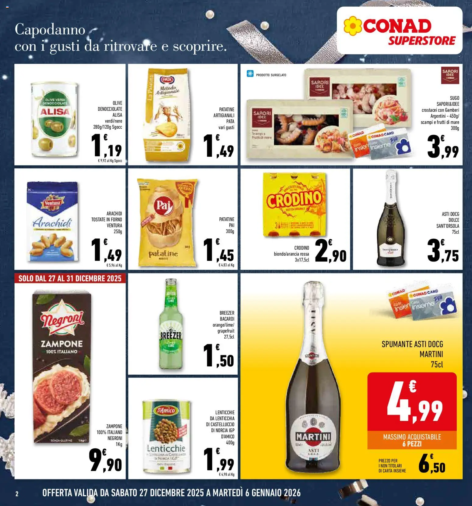 Volantino Conad del 27.12.2025 | Pagina: 2 | Prodotti: Gamberi, Arachidi, Forno, Sugo
