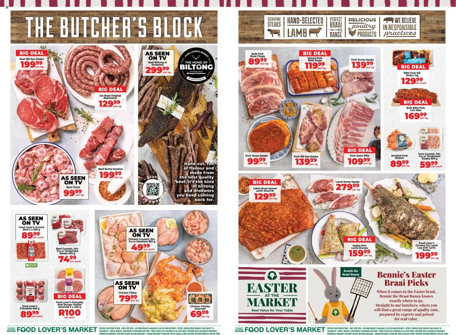 New Food Lover's Market catalogue – valid from 23.03.2026 | Page: 4 | Products: Table, Boerewors, Ribs, Limpiador íntimo