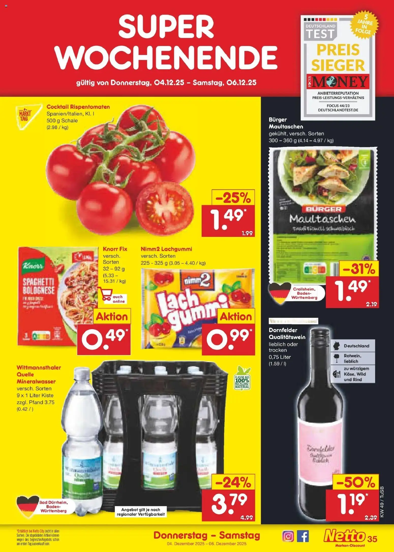 Netto Marken-Discount prospekt Calw-Stammheim	 – gültig ab 01.12.2025 | Seite: 37 | Produkte: Burger, Knorr, Mineralwasser, Maultaschen