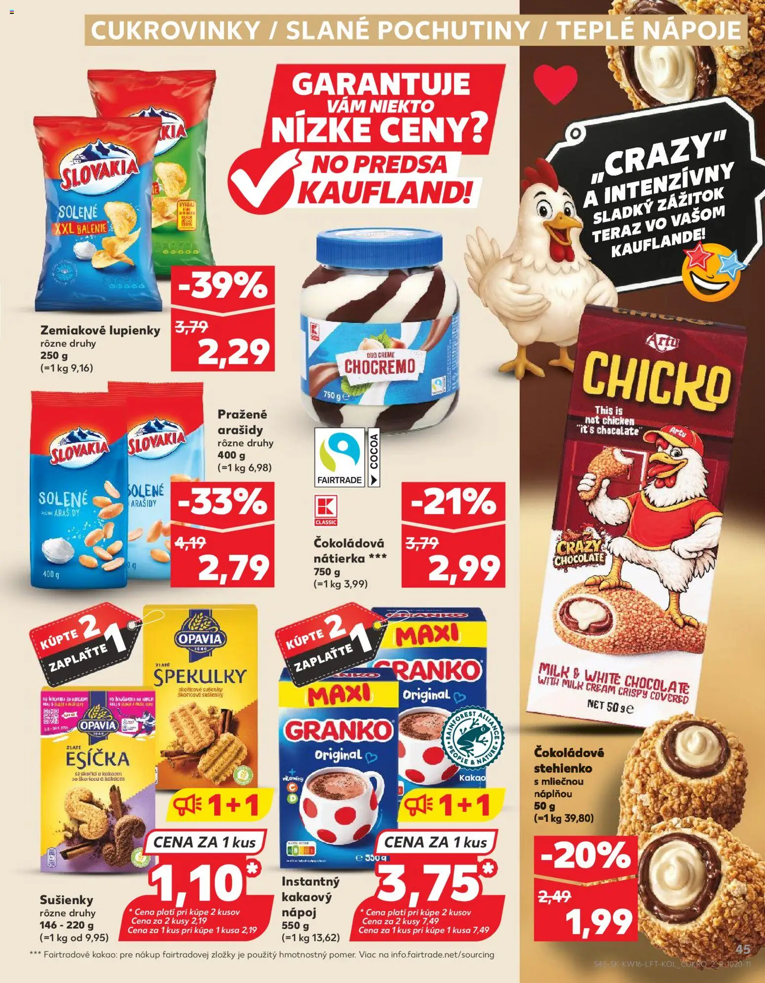 Nové Kaufland akcie – leták je platný od 16.04.2026 | Strana: 45 | Produkty: Arašidy, Granko, Kakao
