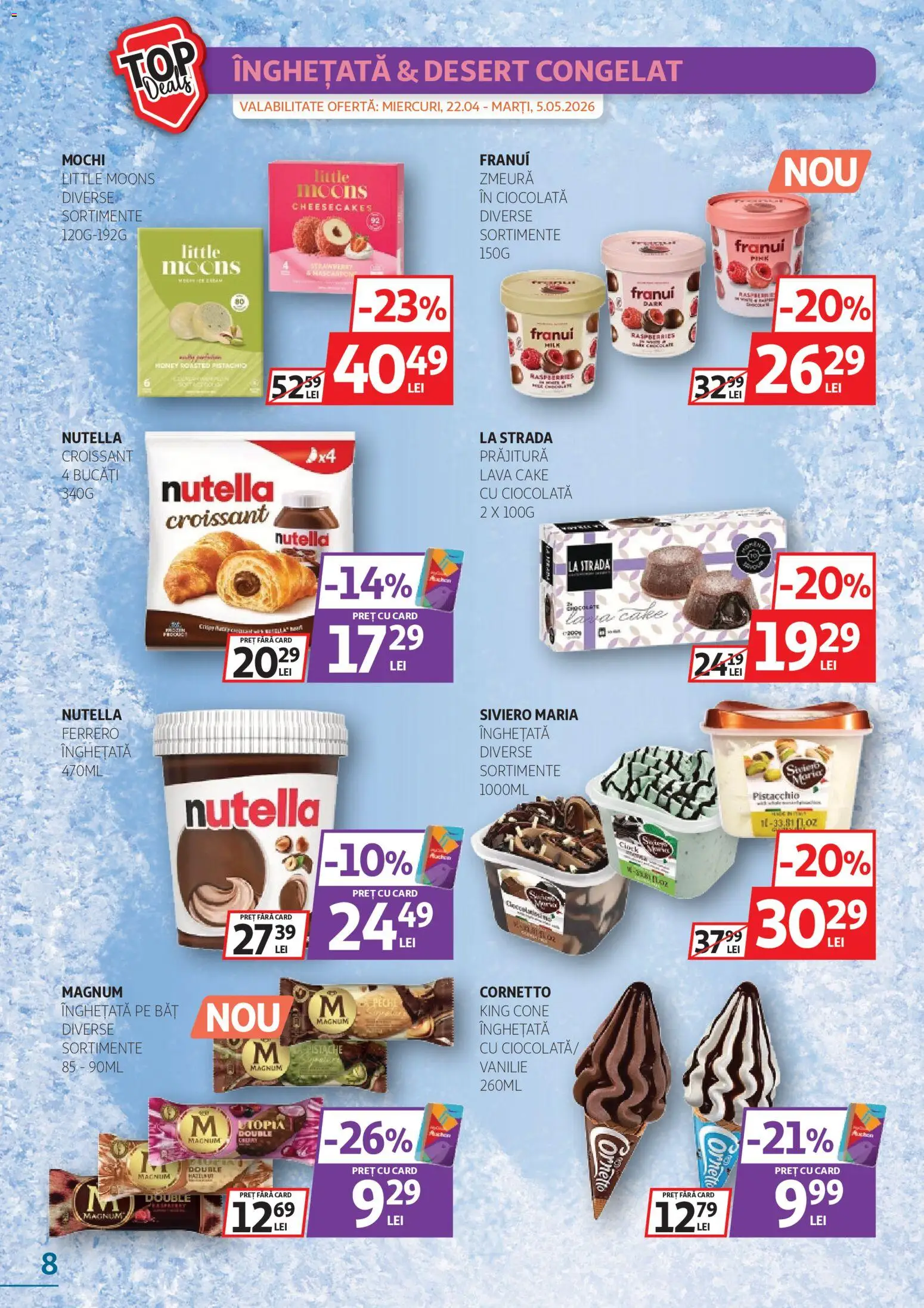 Noul catalog Auchan – valabil de la 22.04.2026 | Pagină: 8 | Produse: Zmeură, Prăjitură, Ciocolată, Înghețată
