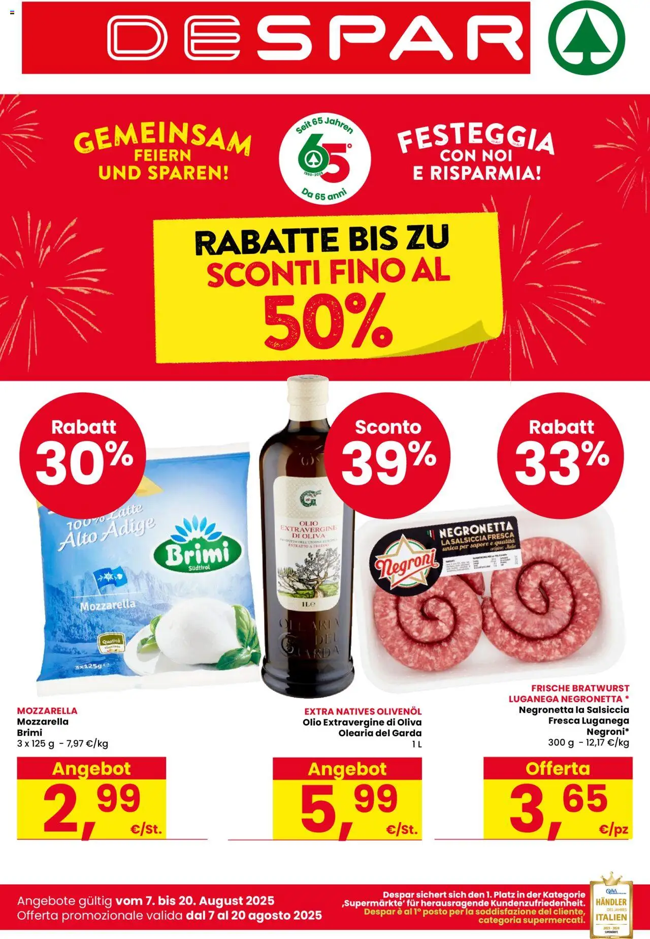 Volantino Despar del 07.08.2025 | Pagina: 1 | Prodotti: Mozzarella, Latte, Olio, Salsiccia