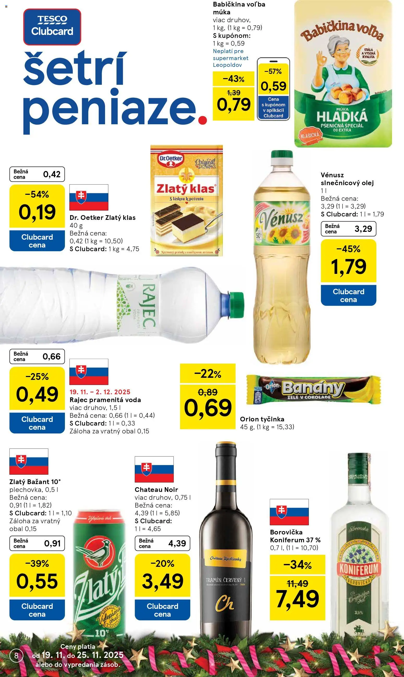Nové Tesco akcie – leták je platný od 19.11.2025 | Strana: 8 | Produkty: Banány, Zlatý klas, Rajec, Slnečnicový olej