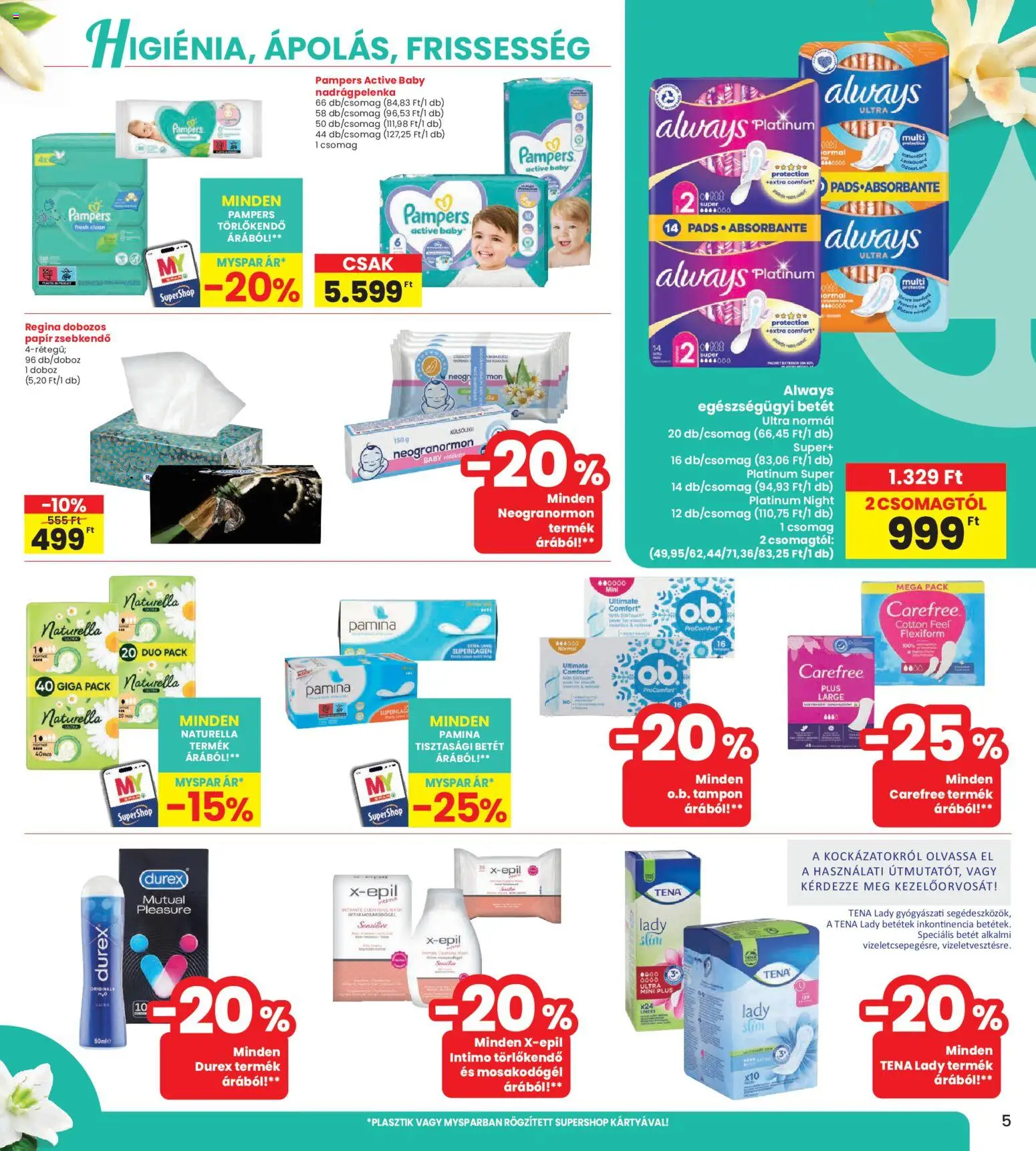 Interspar akciós ujság - amely érvényes a következő dátumtól: 09.04.2026 | Oldal: 5 | Termékek: Pampers, Törlőkendő, Tisztasági betét, Doboz