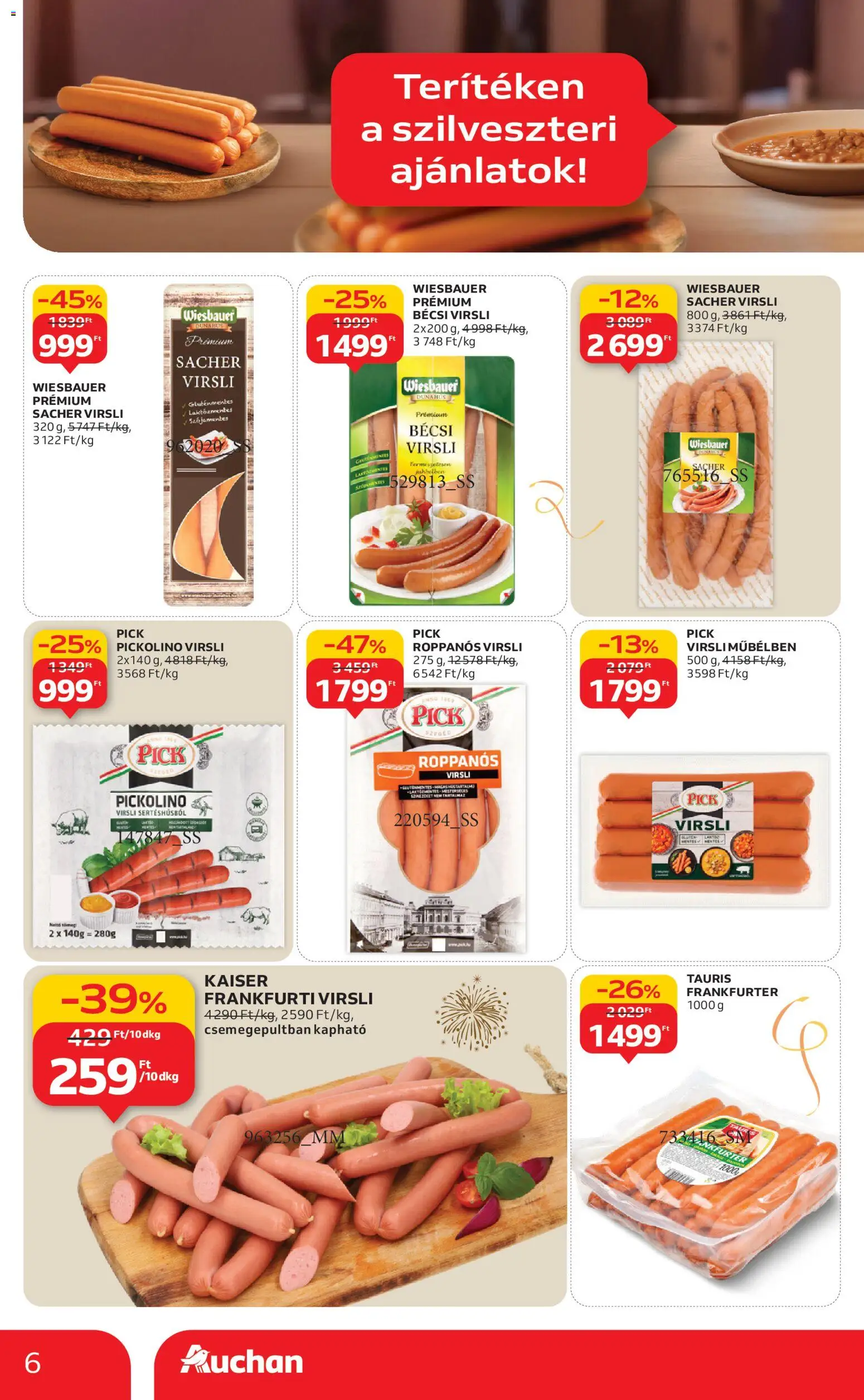 Auchan akciós ujság - amely érvényes a következő dátumtól: 27.12.2025 | Oldal: 6 | Termékek: Virsli, Pick, Frankfurti virsli, Gluténmentes