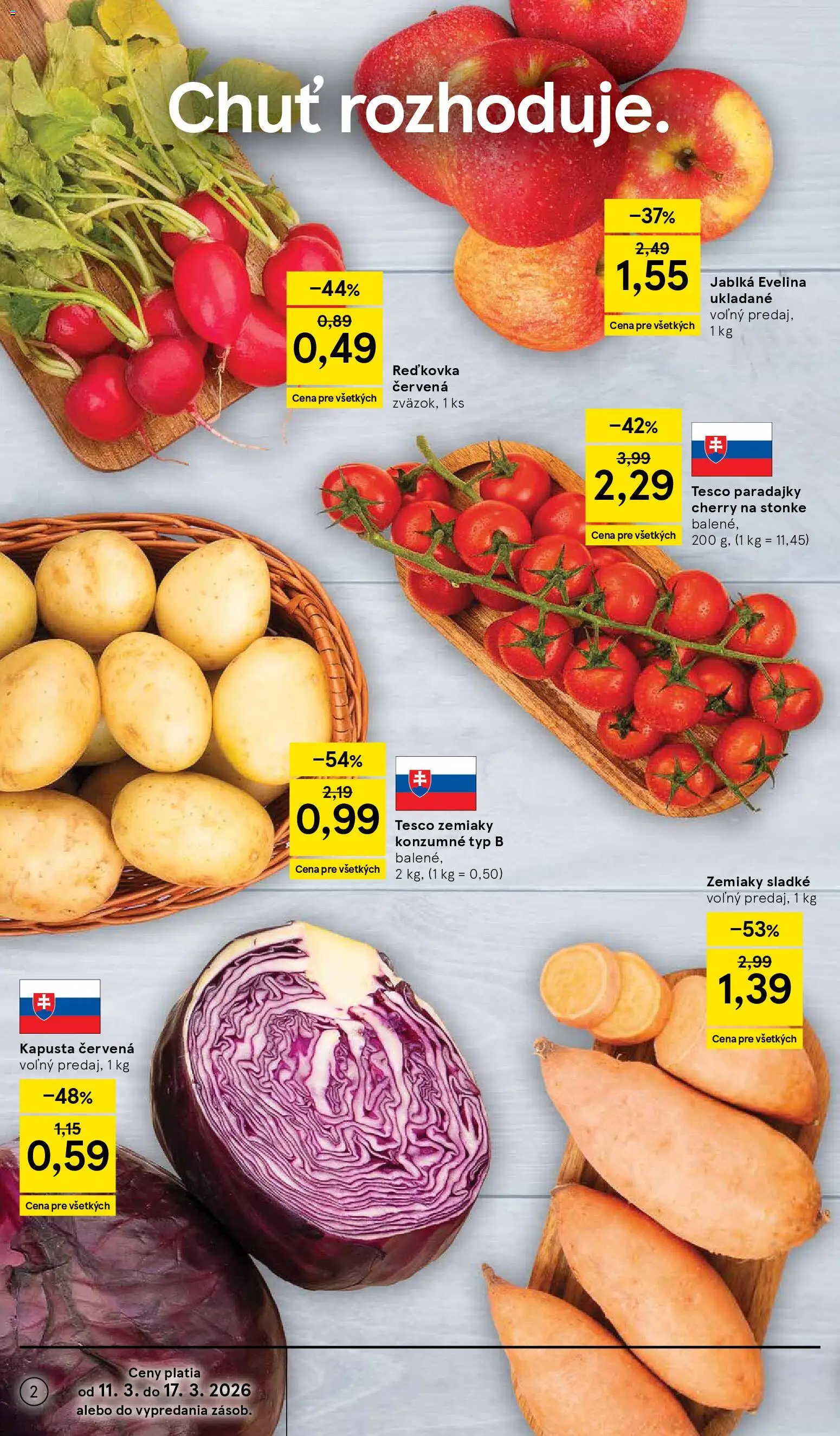 Nové Tesco akcie – leták je platný od 11.03.2026 | Strana: 2 | Produkty: Kapusta, Jablká, Kapusta červená, Zemiaky