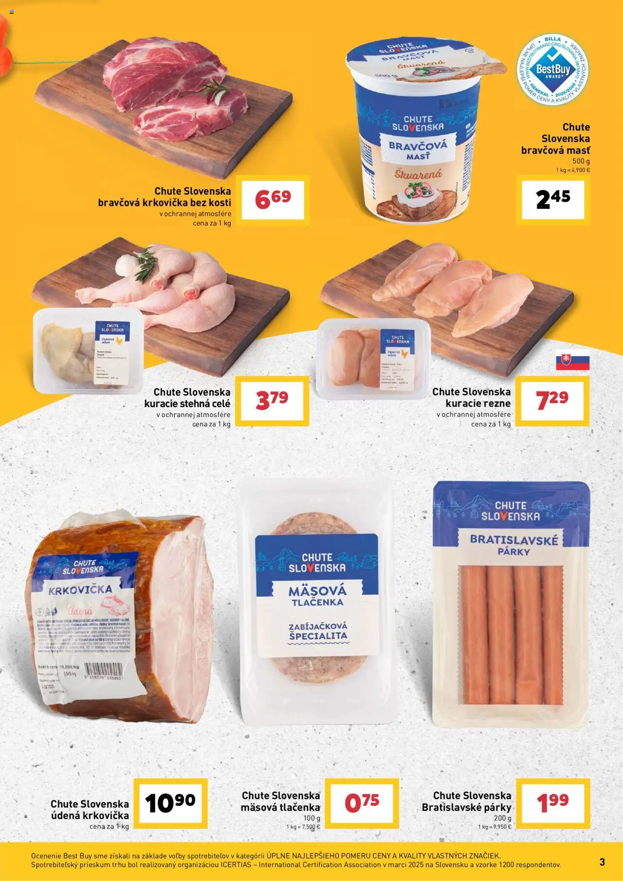 Billa chute Slovenska │ platný od 13.08.2025 | Strana: 3 | Produkty: Bravčová krkovička, Kuracie rezne, Kuracie stehná, Párky