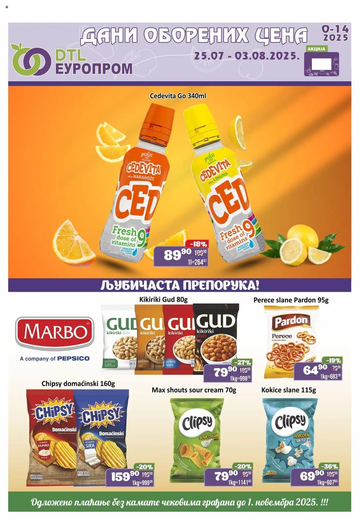 Europrom katalog - važi od 25.07.2025 | Strana: 1 | Proizvode: Cedevita, Voda, Popcorn, Narandže