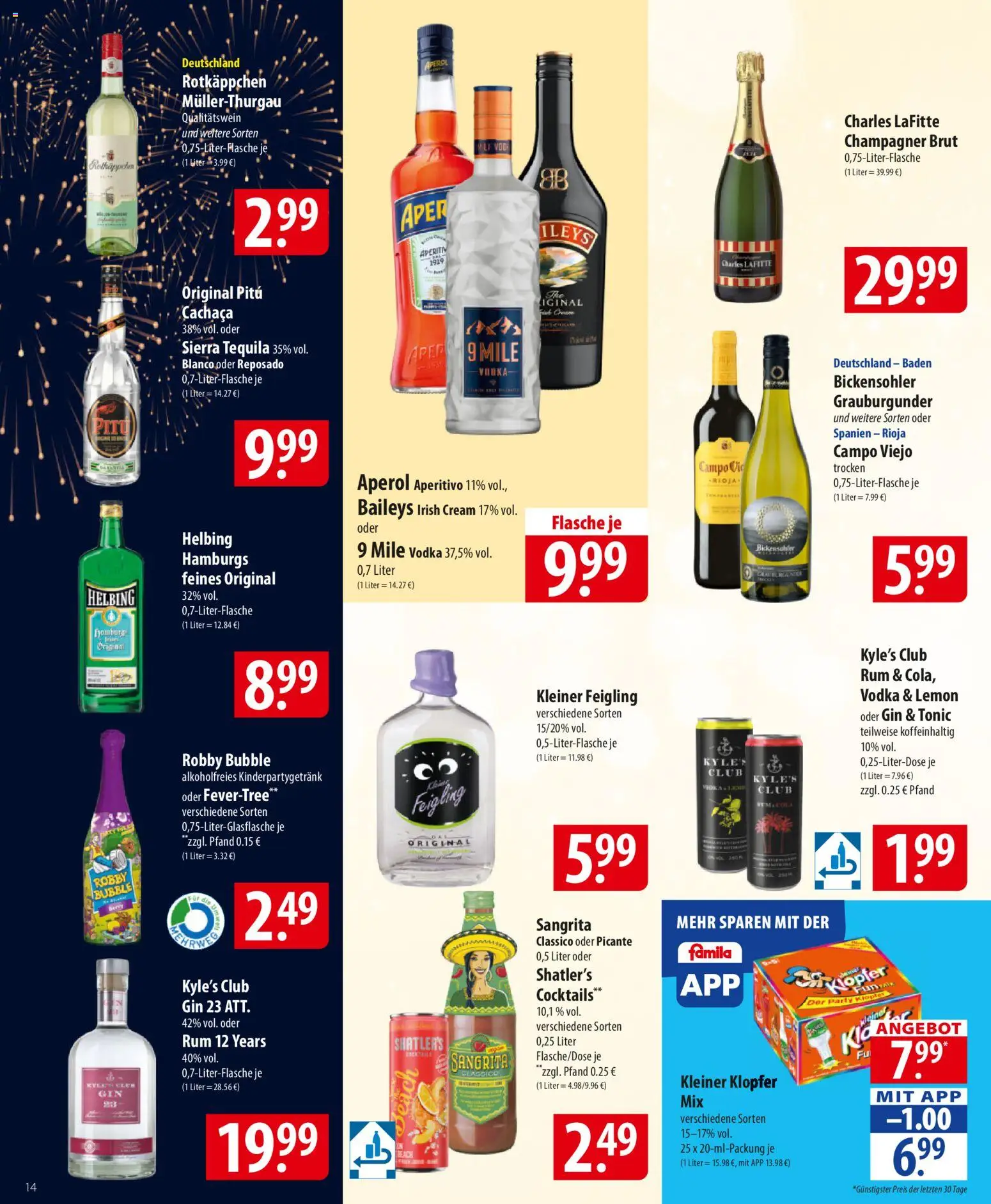Famila Prospekt 	 – gültig ab 29.12.2025 | Seite: 14 | Produkte: Kleiner feigling, Baileys, Aperol, Gin
