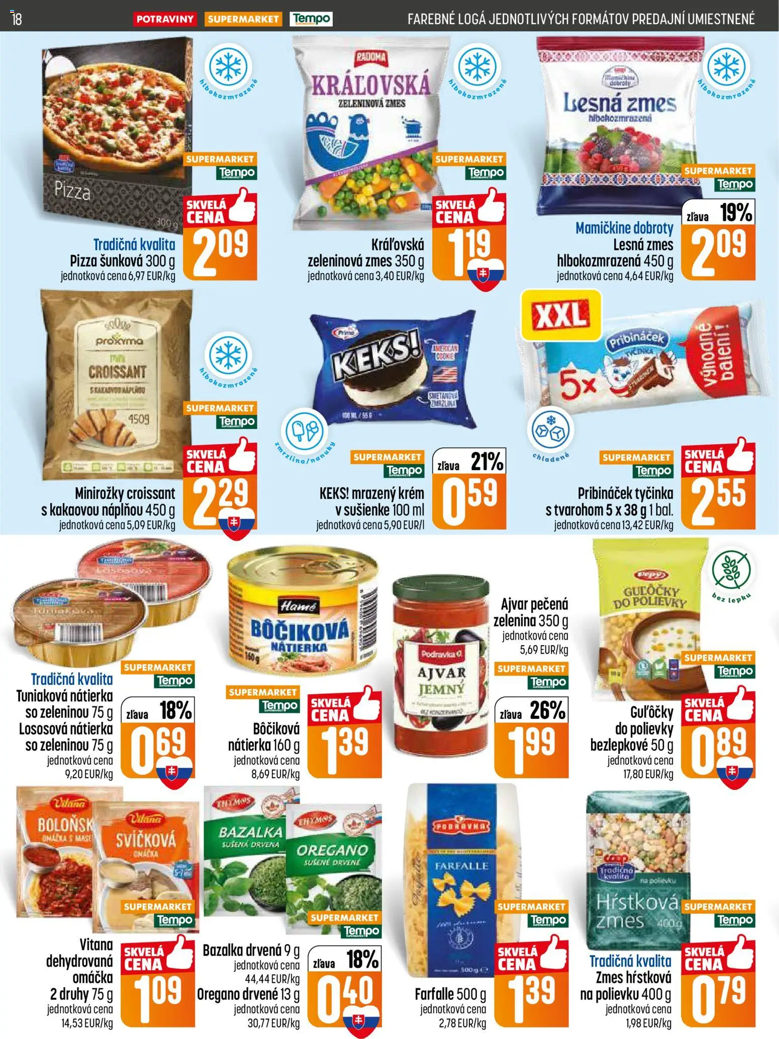 Nové COOP Jednota akcie – leták je platný od 09.04.2026 | Strana: 18 | Produkty: Pizza, Croissant, Krém, Omáčka